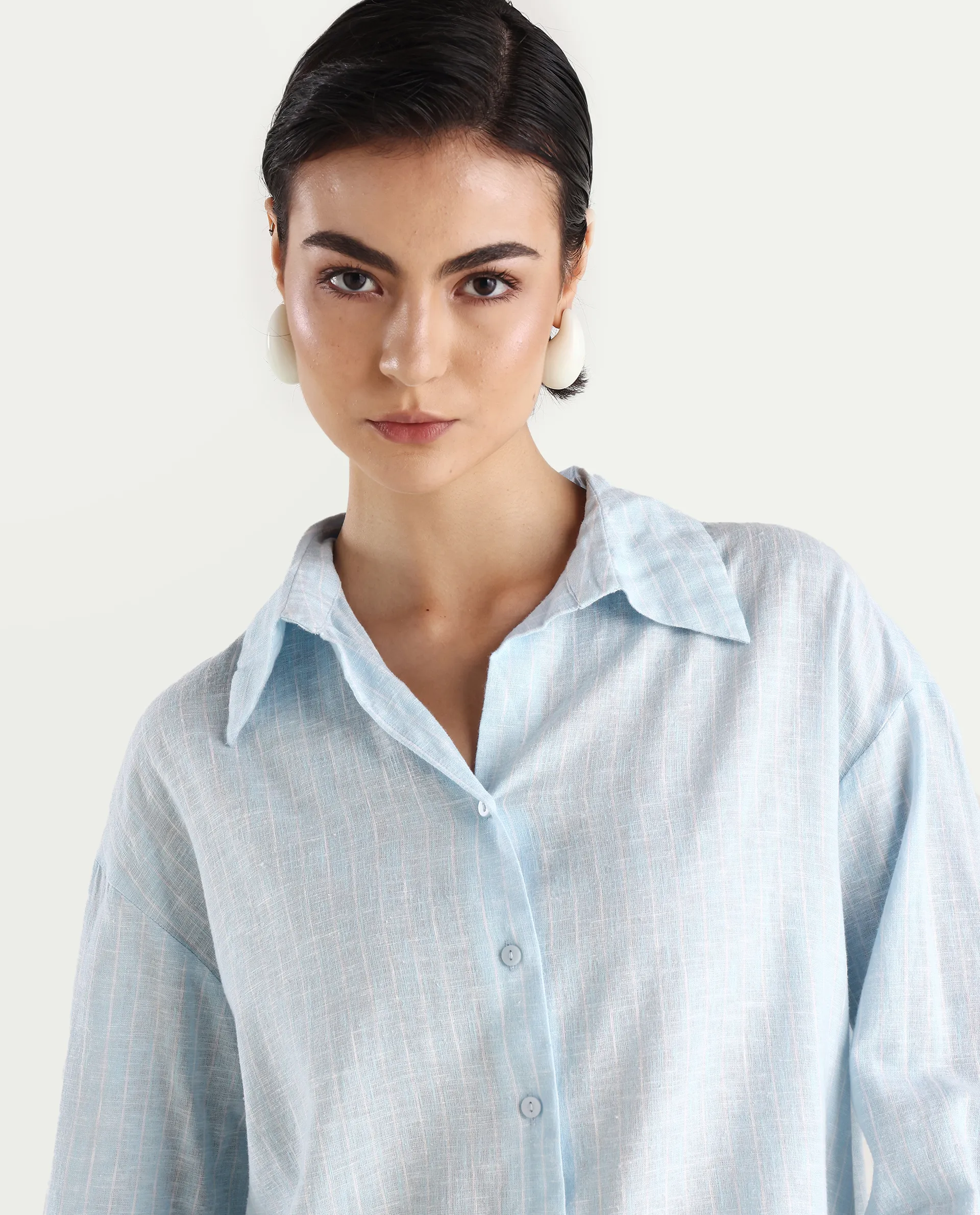Rareism Women's Nenora Light Blue 100% Linen Spread Collar Boxy Fit Shirt - Image 4