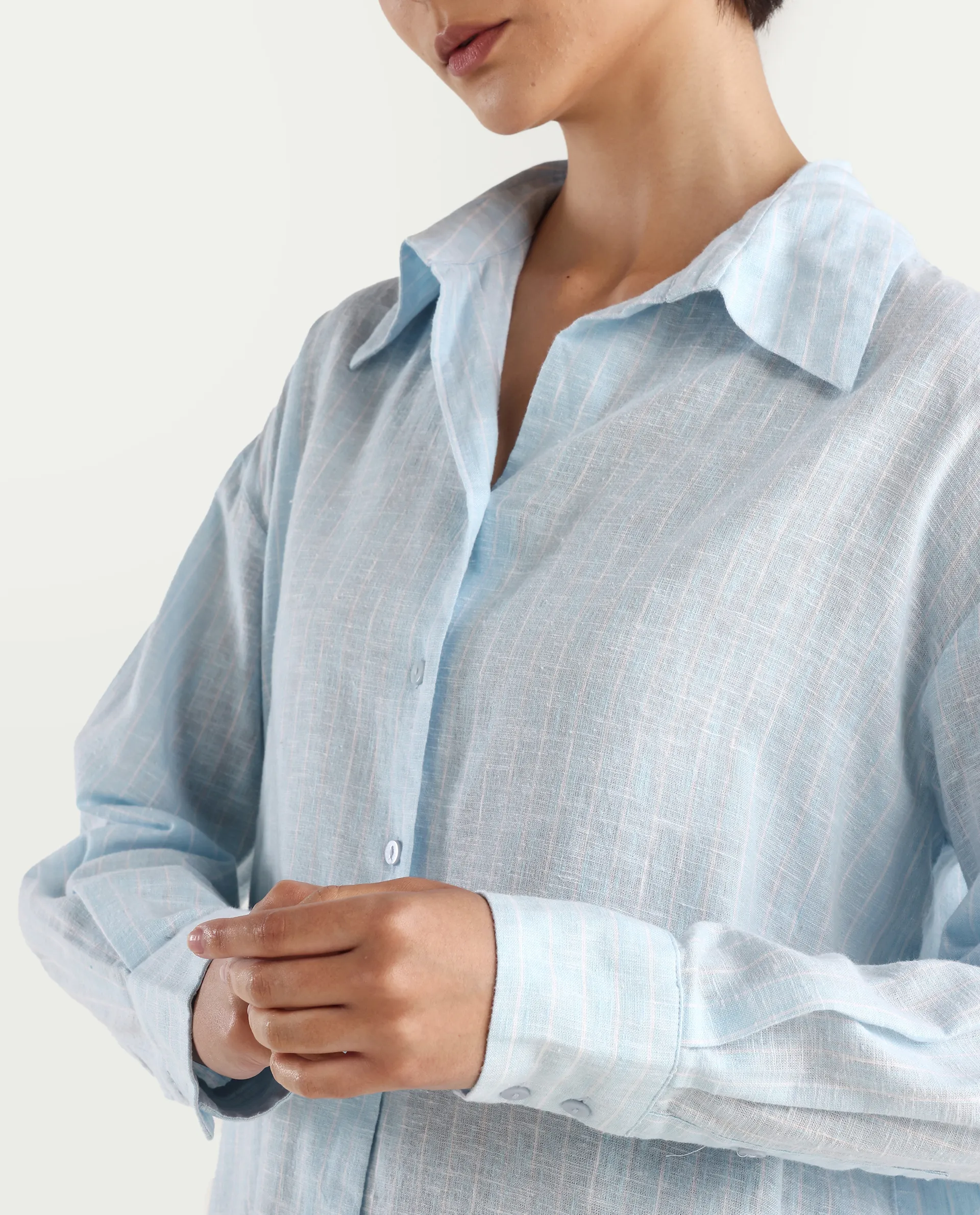 Rareism Women's Nenora Light Blue 100% Linen Spread Collar Boxy Fit Shirt - Image 5