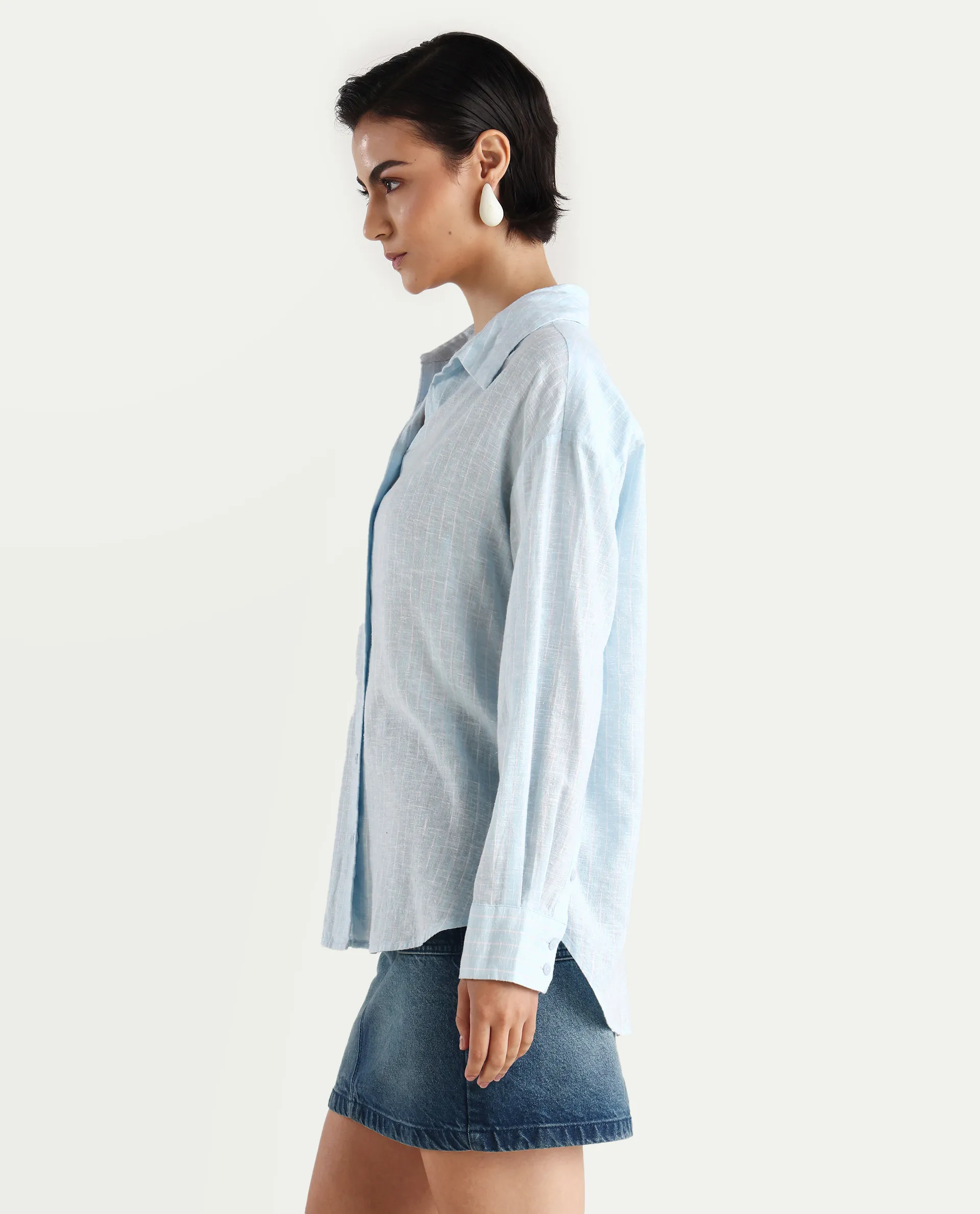 Rareism Women's Nenora Light Blue 100% Linen Spread Collar Boxy Fit Shirt - Image 6