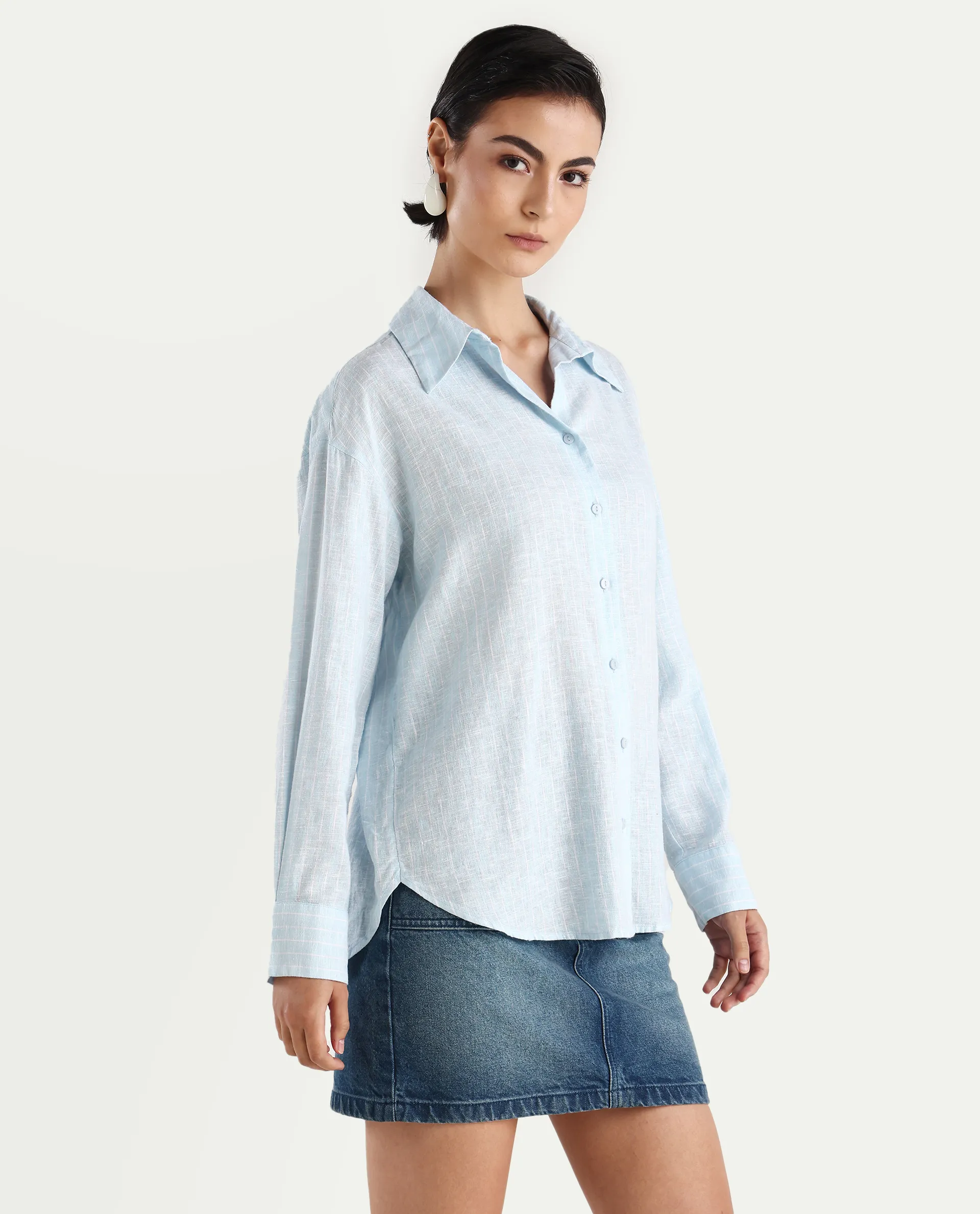 Rareism Women's Nenora Light Blue 100% Linen Spread Collar Boxy Fit Shirt - Image 7
