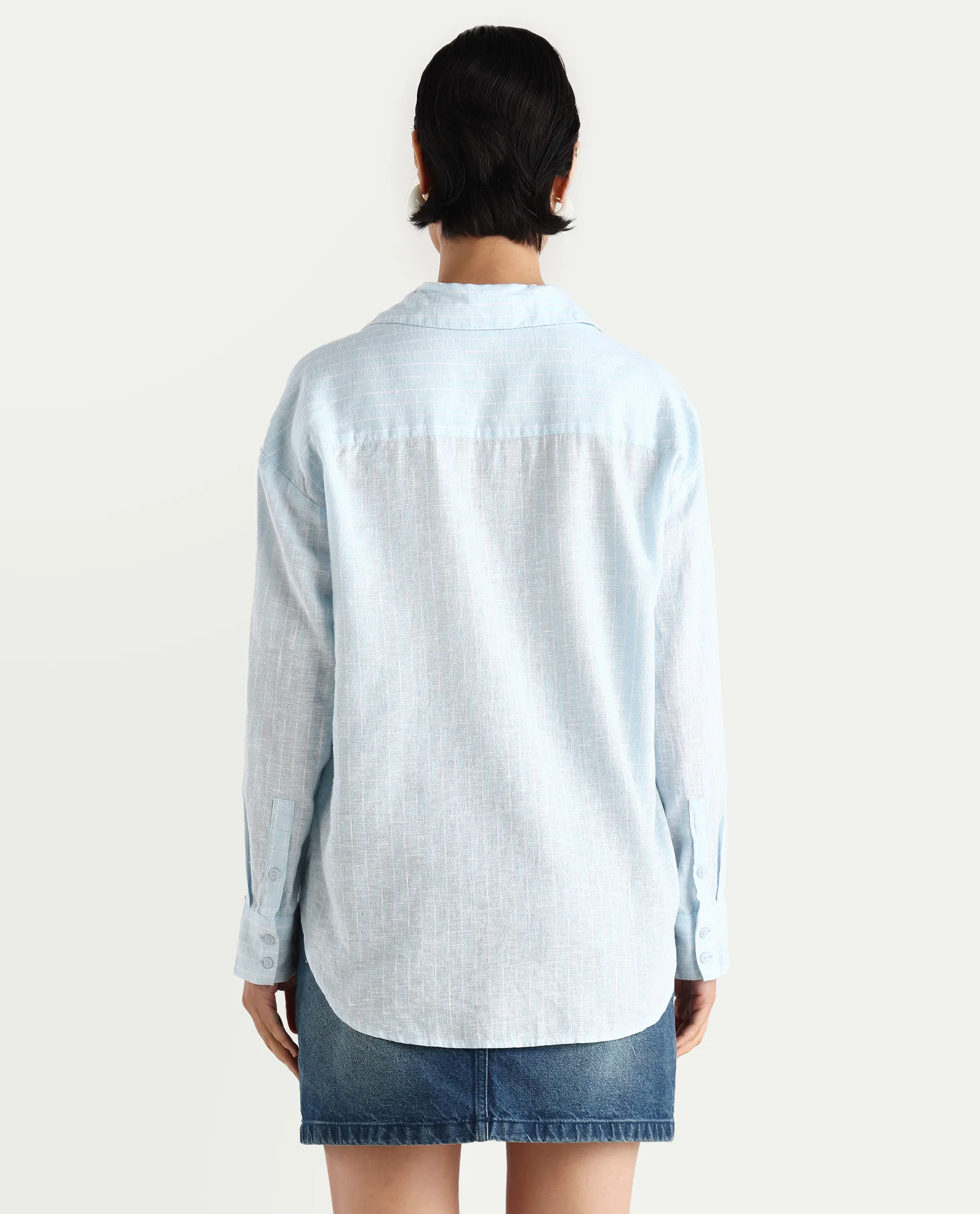 Rareism Women's Nenora Light Blue 100% Linen Spread Collar Boxy Fit Shirt - Image 8