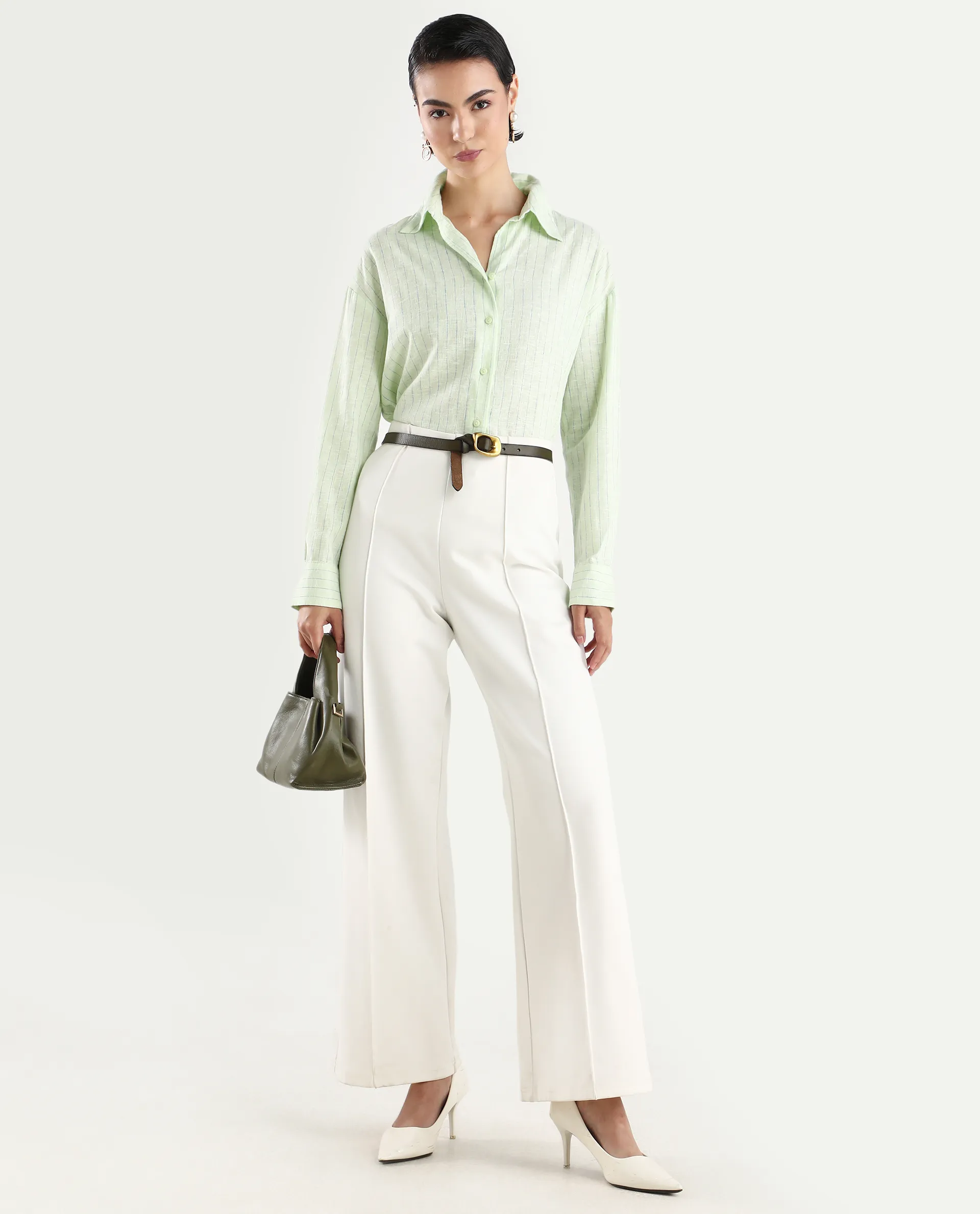 Rareism Women's Nenora Light Green 100% Linen Spread Collar Boxy Fit Shirt - Image 2