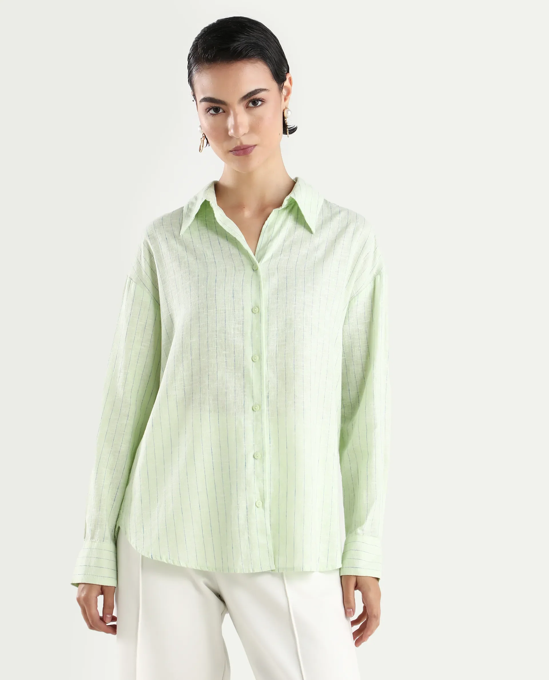 Rareism Women's Nenora Light Green 100% Linen Spread Collar Boxy Fit Shirt - Image 3
