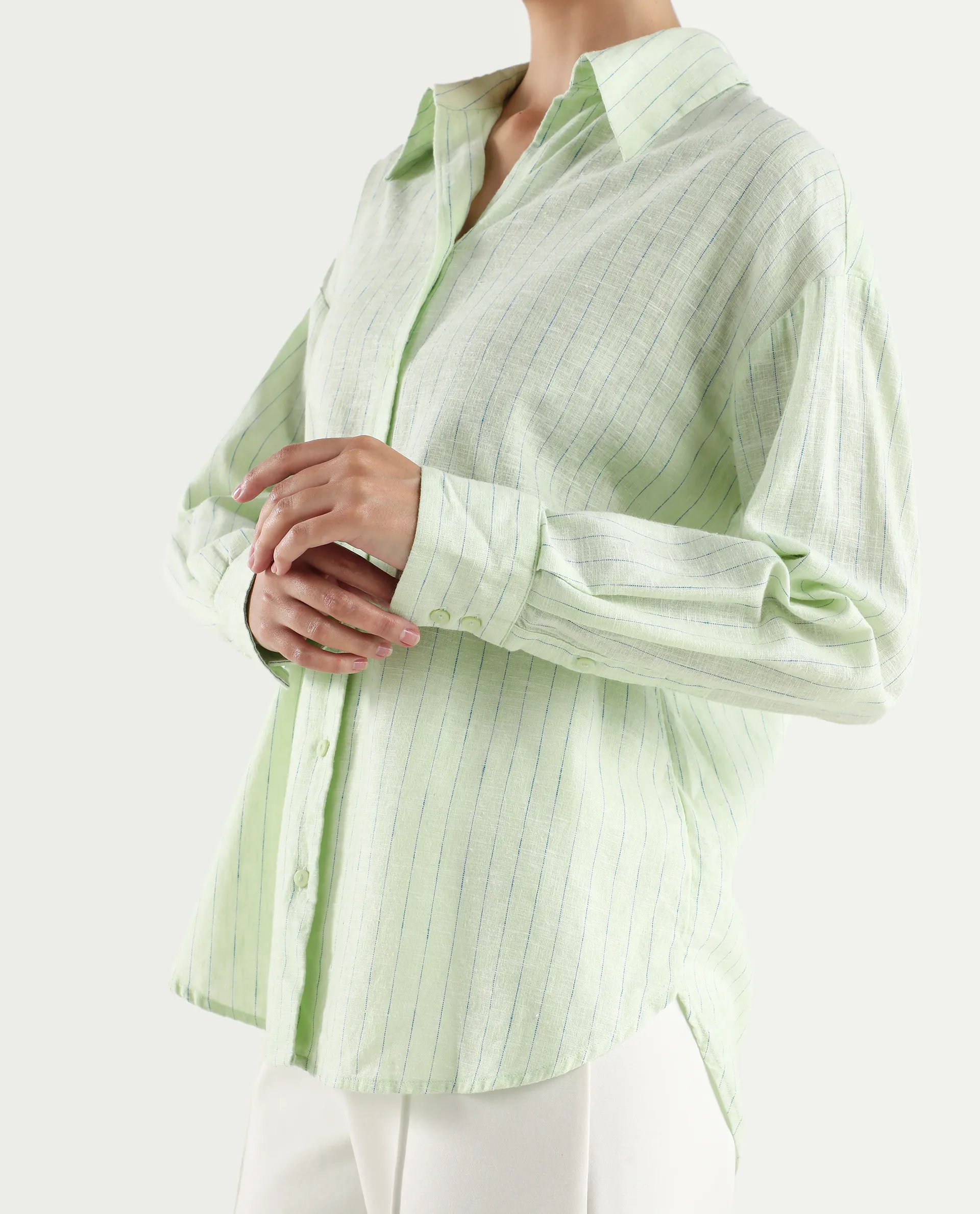 Rareism Women's Nenora Light Green 100% Linen Spread Collar Boxy Fit Shirt - Image 4