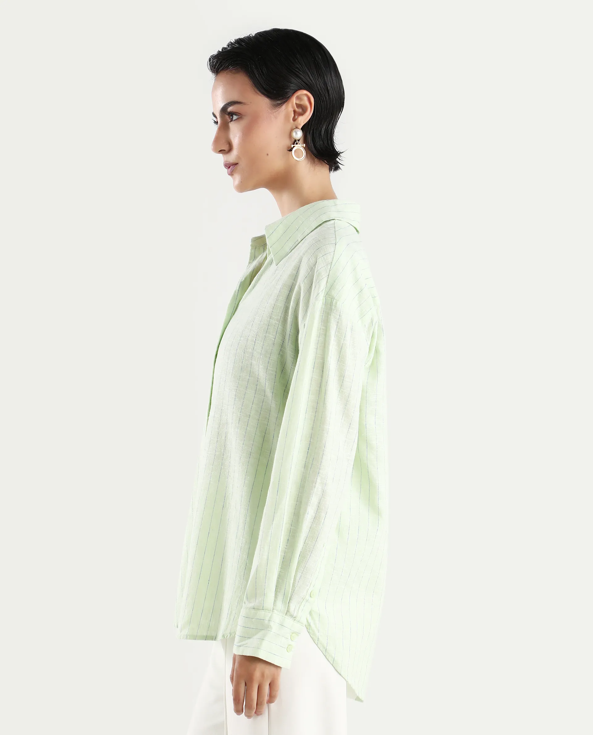 Rareism Women's Nenora Light Green 100% Linen Spread Collar Boxy Fit Shirt - Image 5