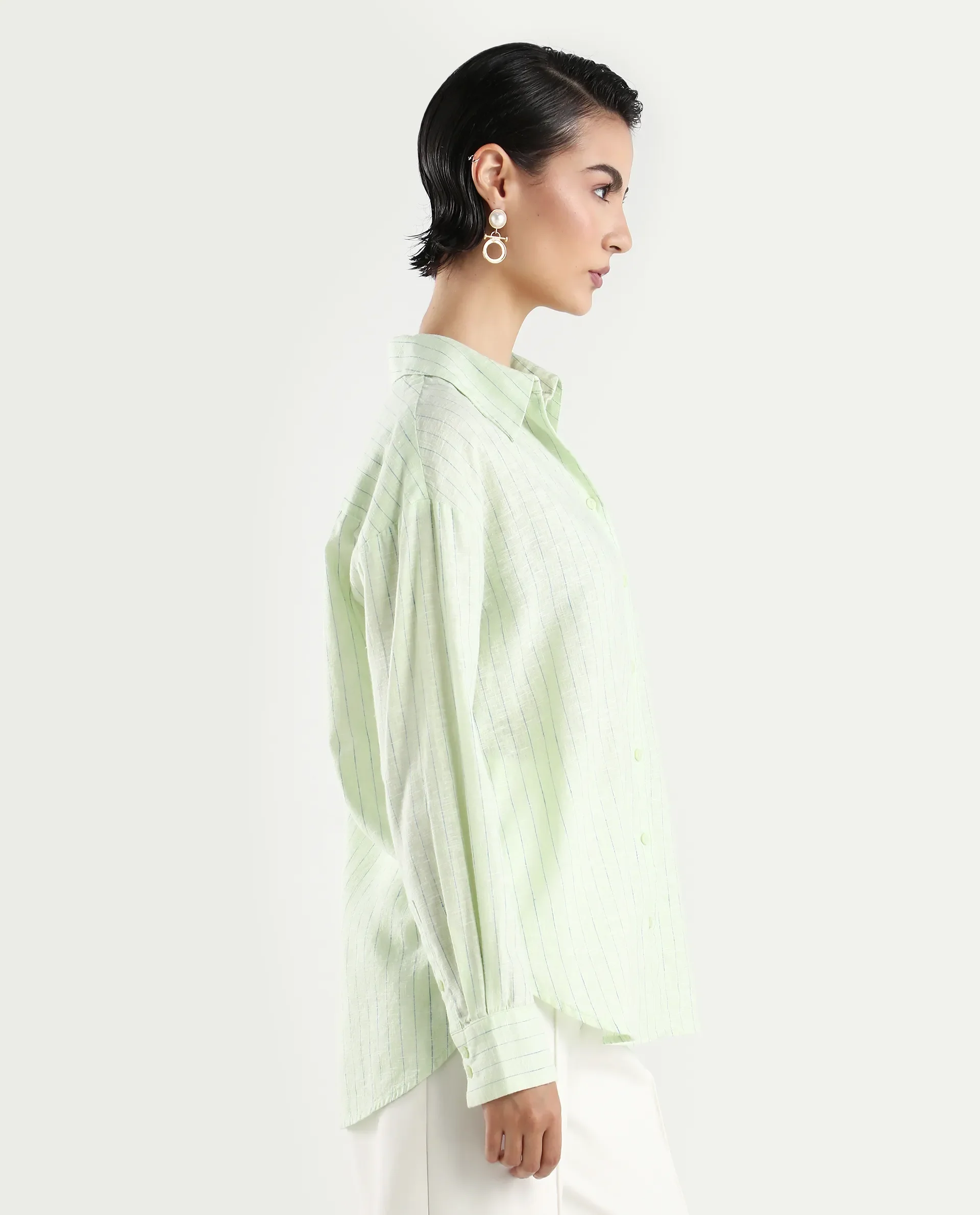 Rareism Women's Nenora Light Green 100% Linen Spread Collar Boxy Fit Shirt - Image 6