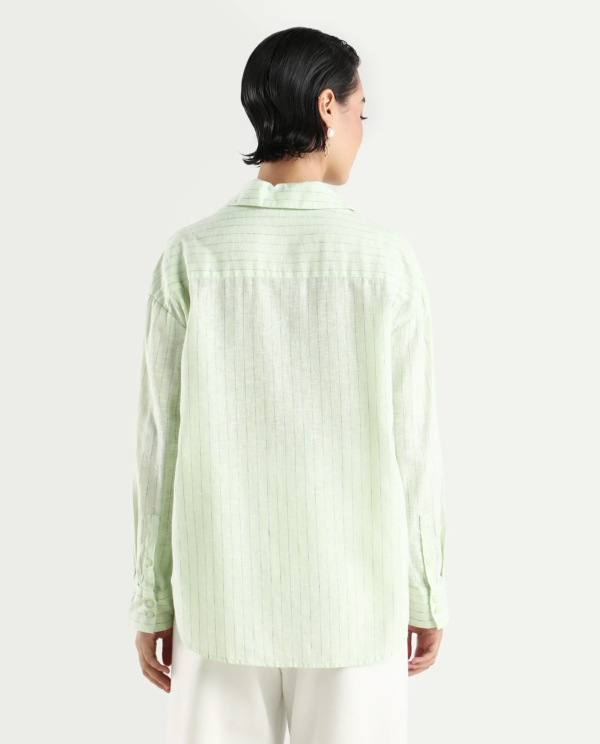 Rareism Women's Nenora Light Green 100% Linen Spread Collar Boxy Fit Shirt - Image 7