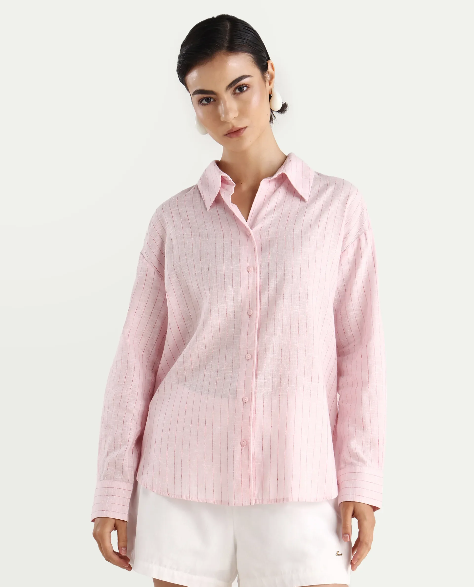 Rareism Women's Nenora Light Pink 100% Linen Spread Collar Boxy Fit Shirt - Image 3