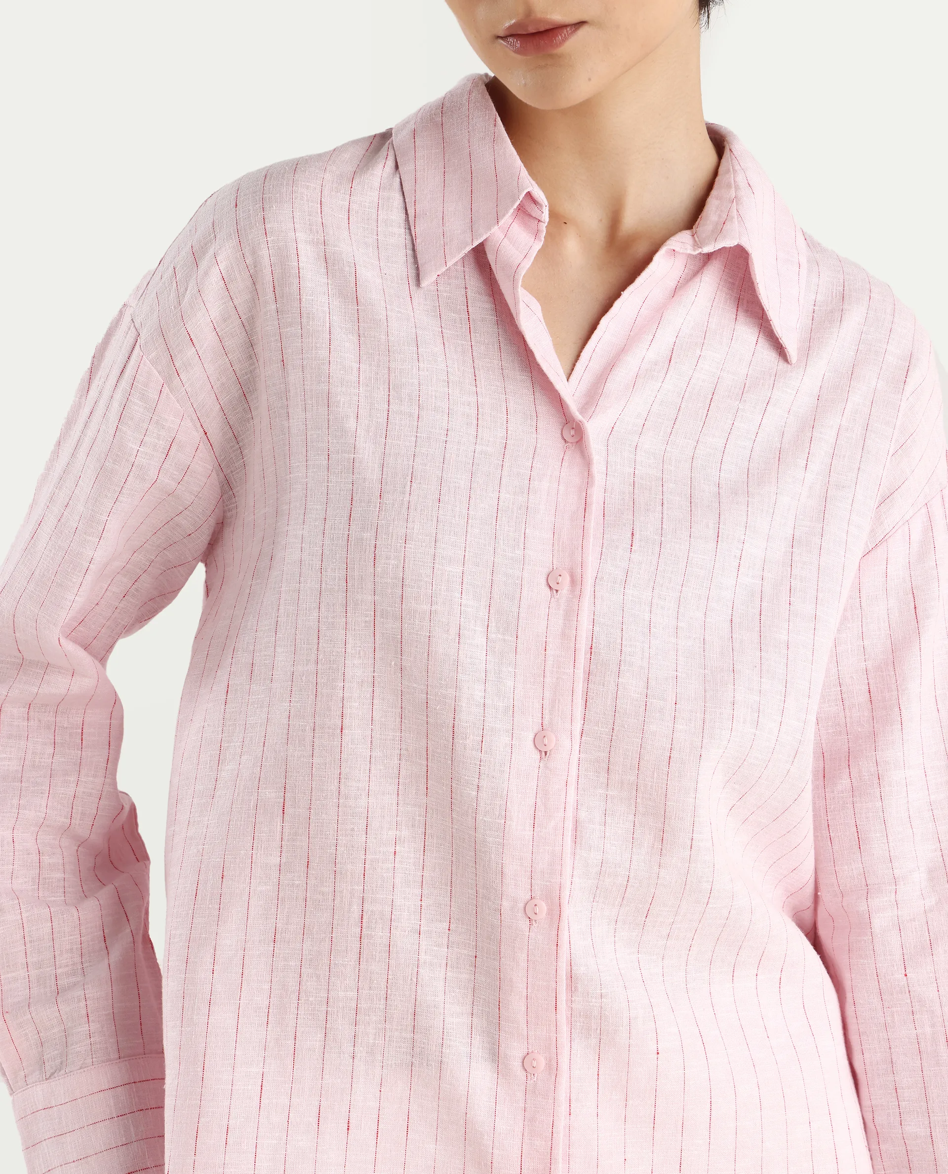 Rareism Women's Nenora Light Pink 100% Linen Spread Collar Boxy Fit Shirt - Image 4
