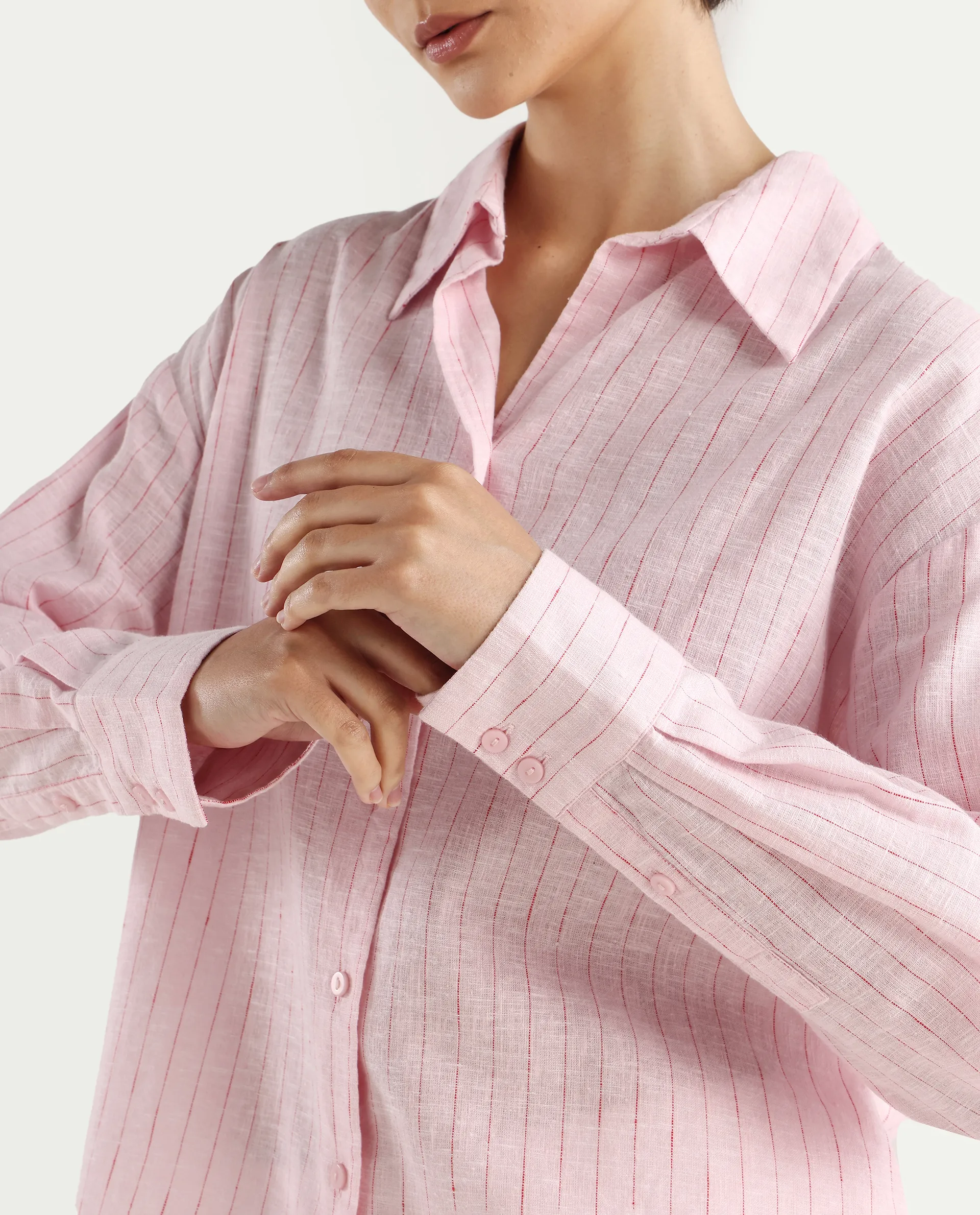Rareism Women's Nenora Light Pink 100% Linen Spread Collar Boxy Fit Shirt - Image 5