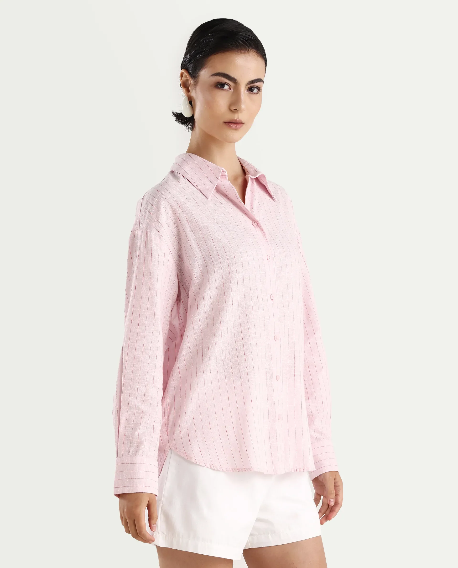 Rareism Women's Nenora Light Pink 100% Linen Spread Collar Boxy Fit Shirt - Image 6