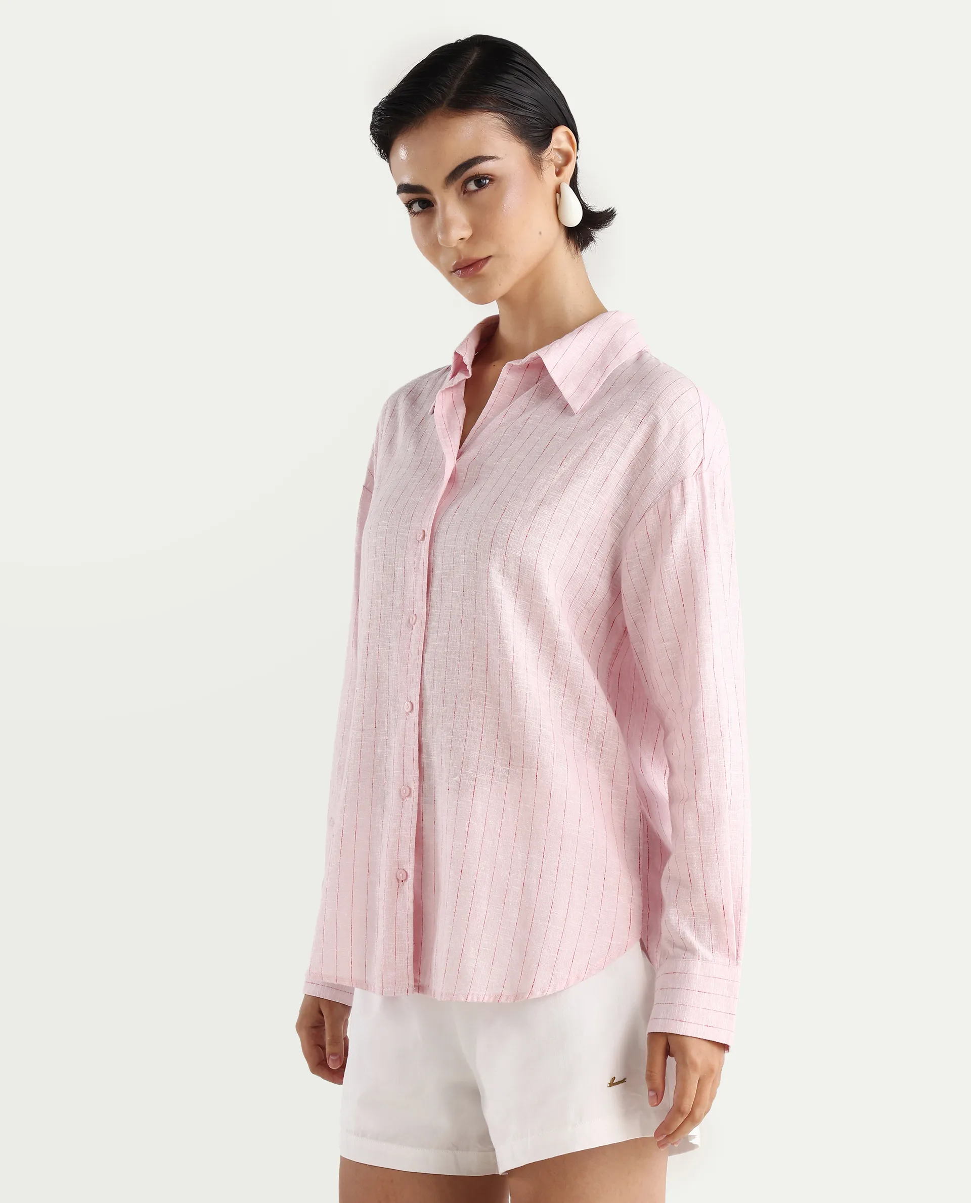 Rareism Women's Nenora Light Pink 100% Linen Spread Collar Boxy Fit Shirt - Image 7