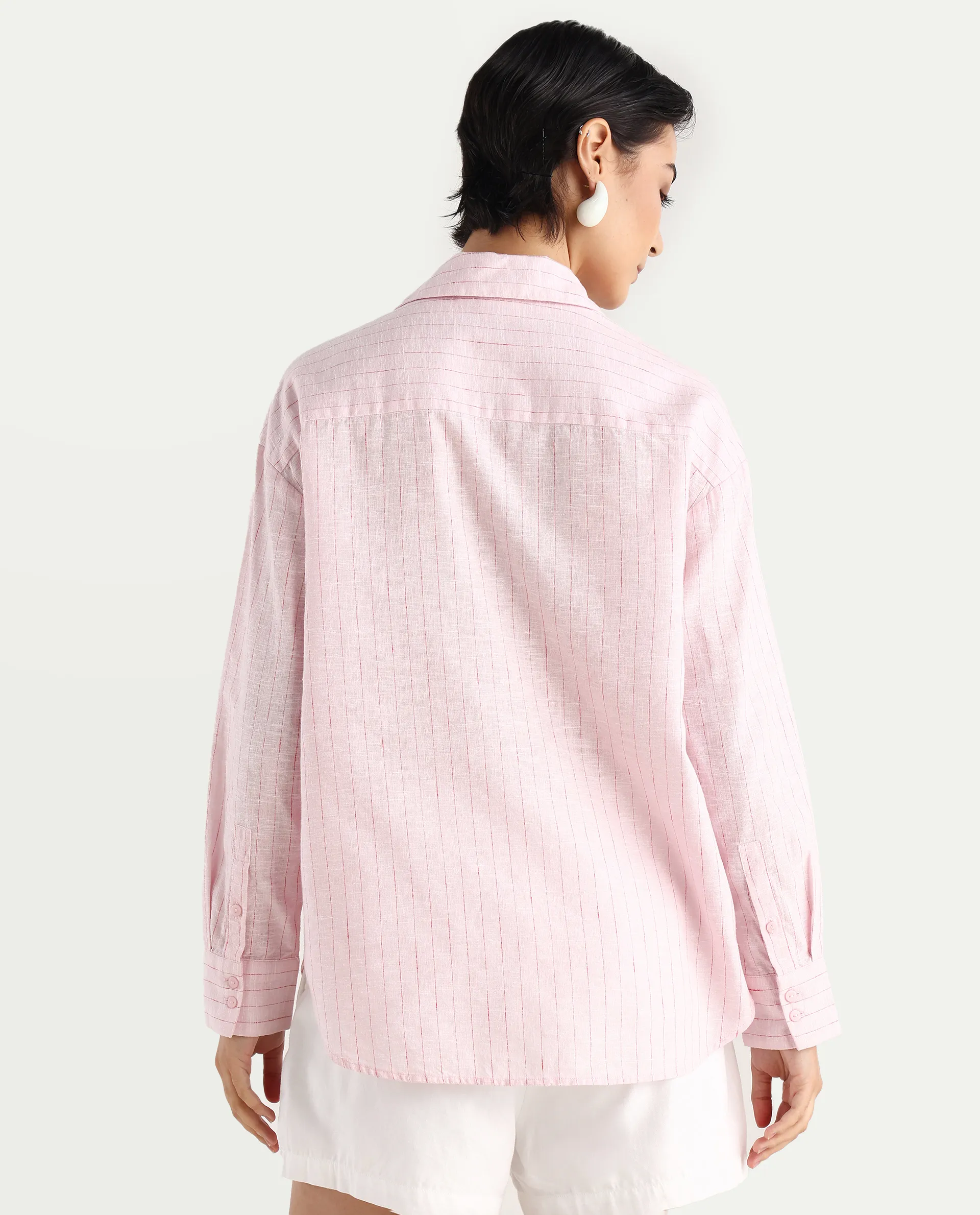 Rareism Women's Nenora Light Pink 100% Linen Spread Collar Boxy Fit Shirt - Image 8