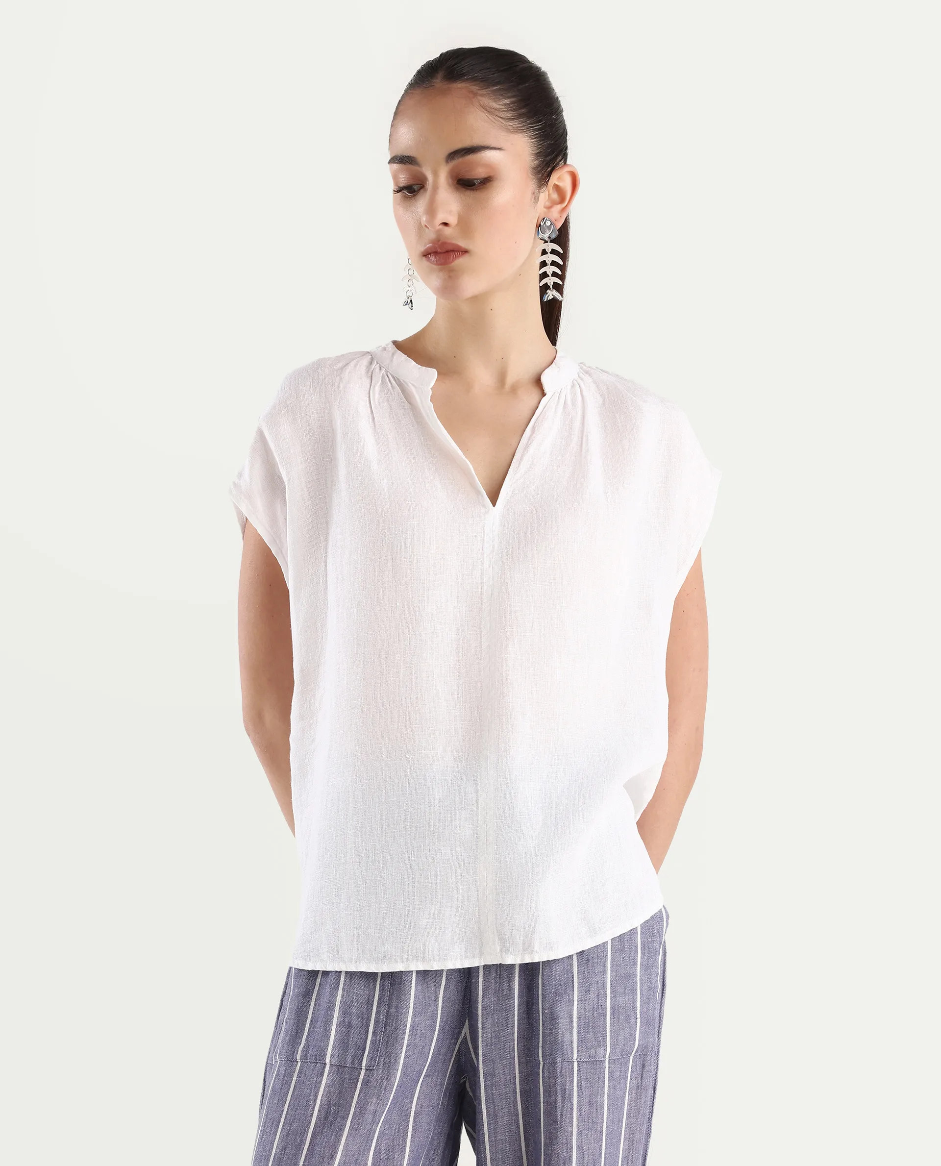 Rareism Women's Nenso White 100% Linen Extended Sleeves Mandarin Collar Relaxed Fit Plain Top