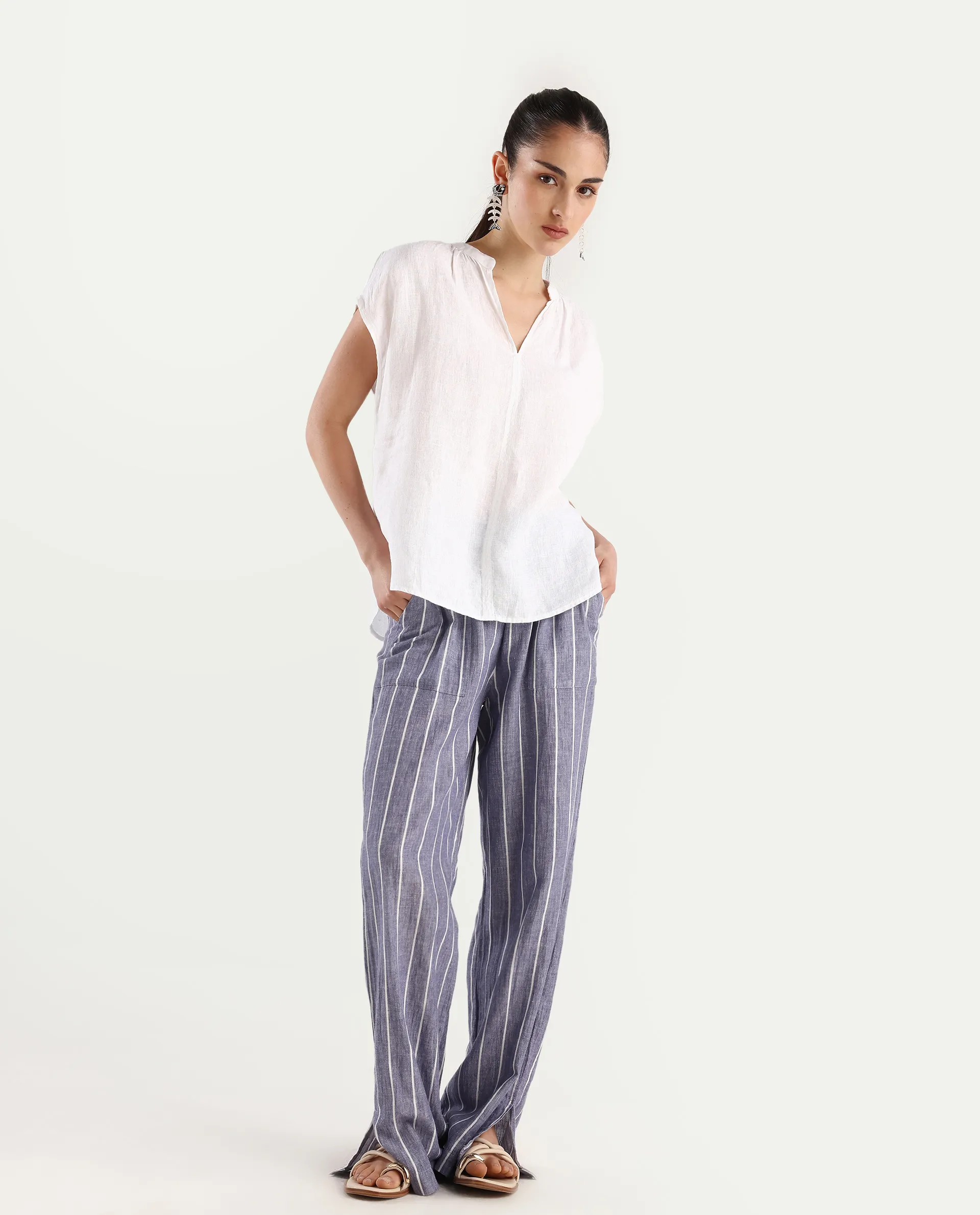 Rareism Women's Nenso White 100% Linen Extended Sleeves Mandarin Collar Relaxed Fit Plain Top - Image 2