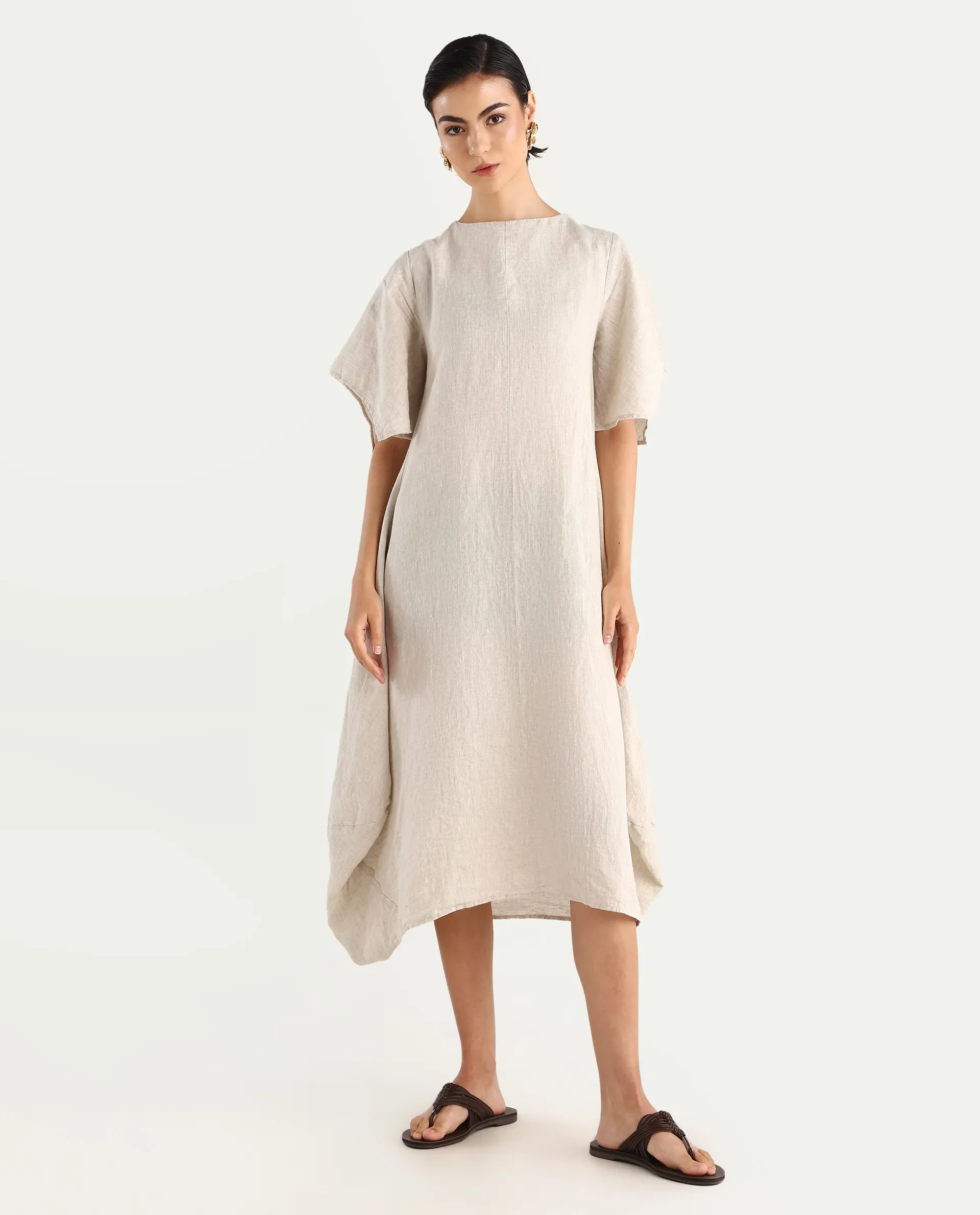 Rareism Women's Nensy Dark Beige 100% Linen Crew Neck Relaxed Fit Plain Dress - Image 2