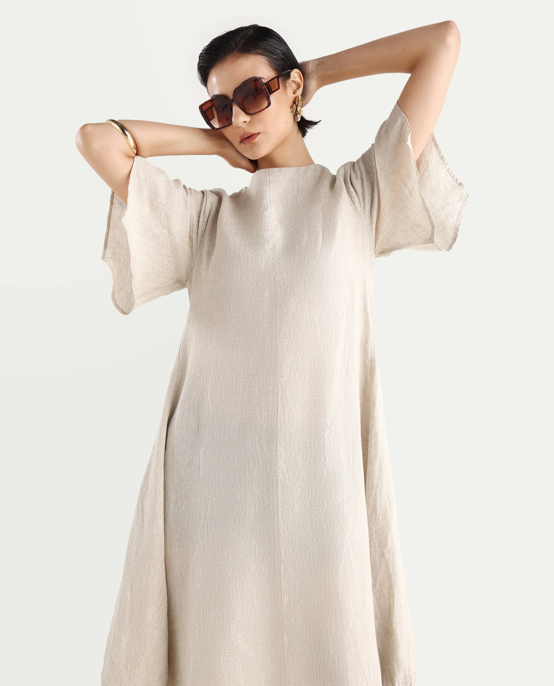 Rareism Women's Nensy Dark Beige 100% Linen Crew Neck Relaxed Fit Plain Dress - Image 3