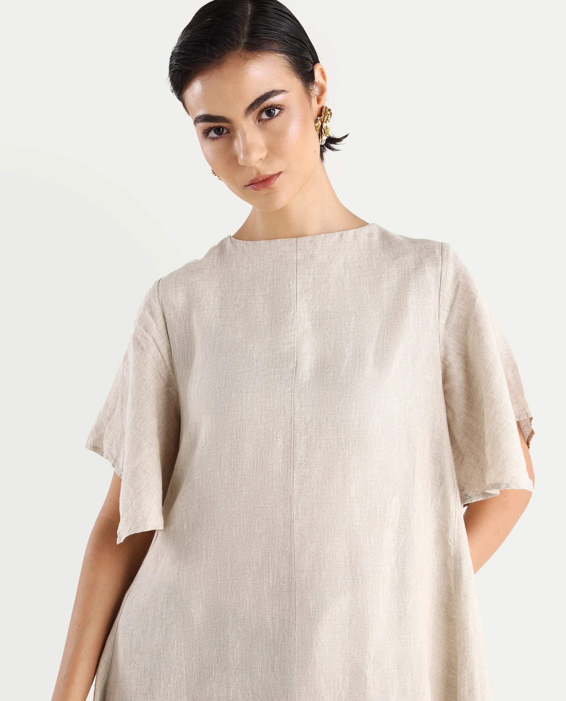 Rareism Women's Nensy Dark Beige 100% Linen Crew Neck Relaxed Fit Plain Dress - Image 4
