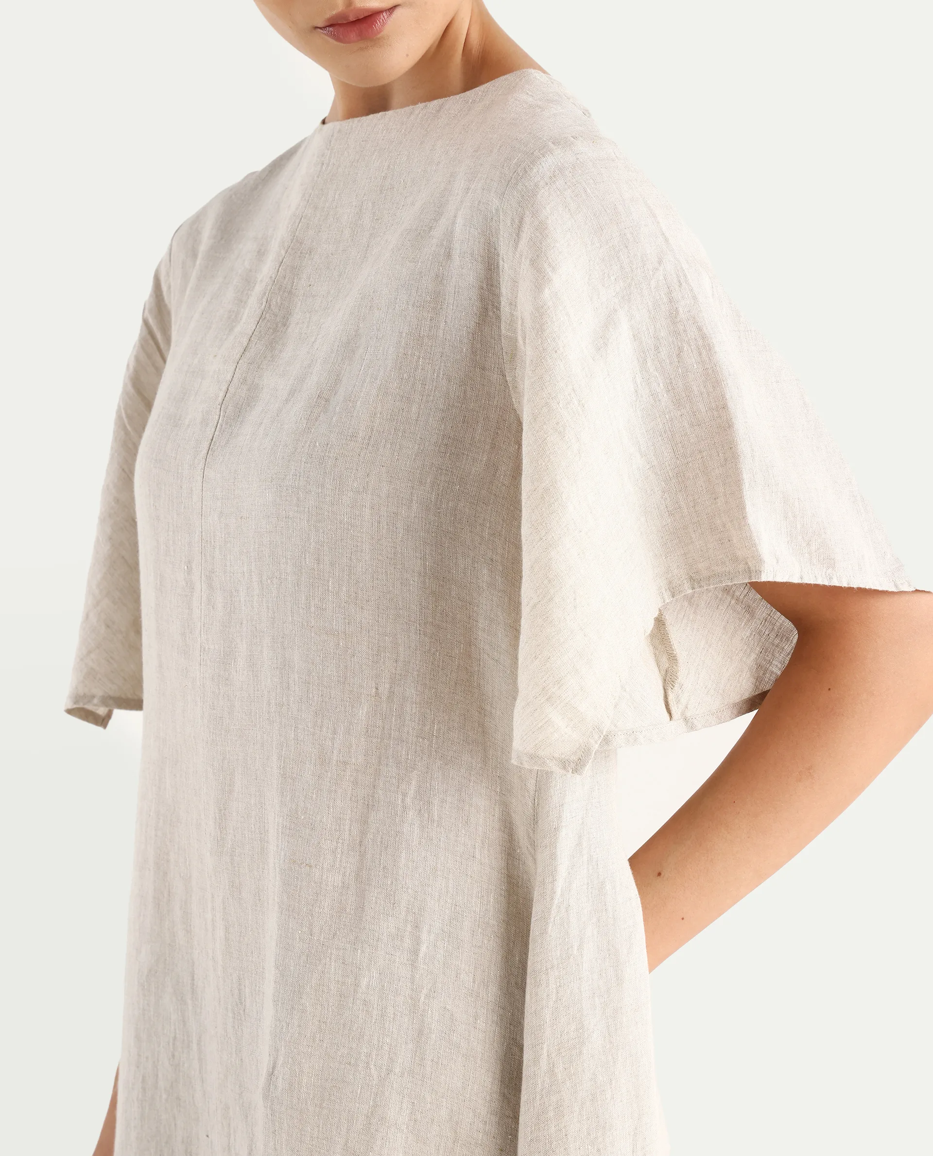 Rareism Women's Nensy Dark Beige 100% Linen Crew Neck Relaxed Fit Plain Dress - Image 5