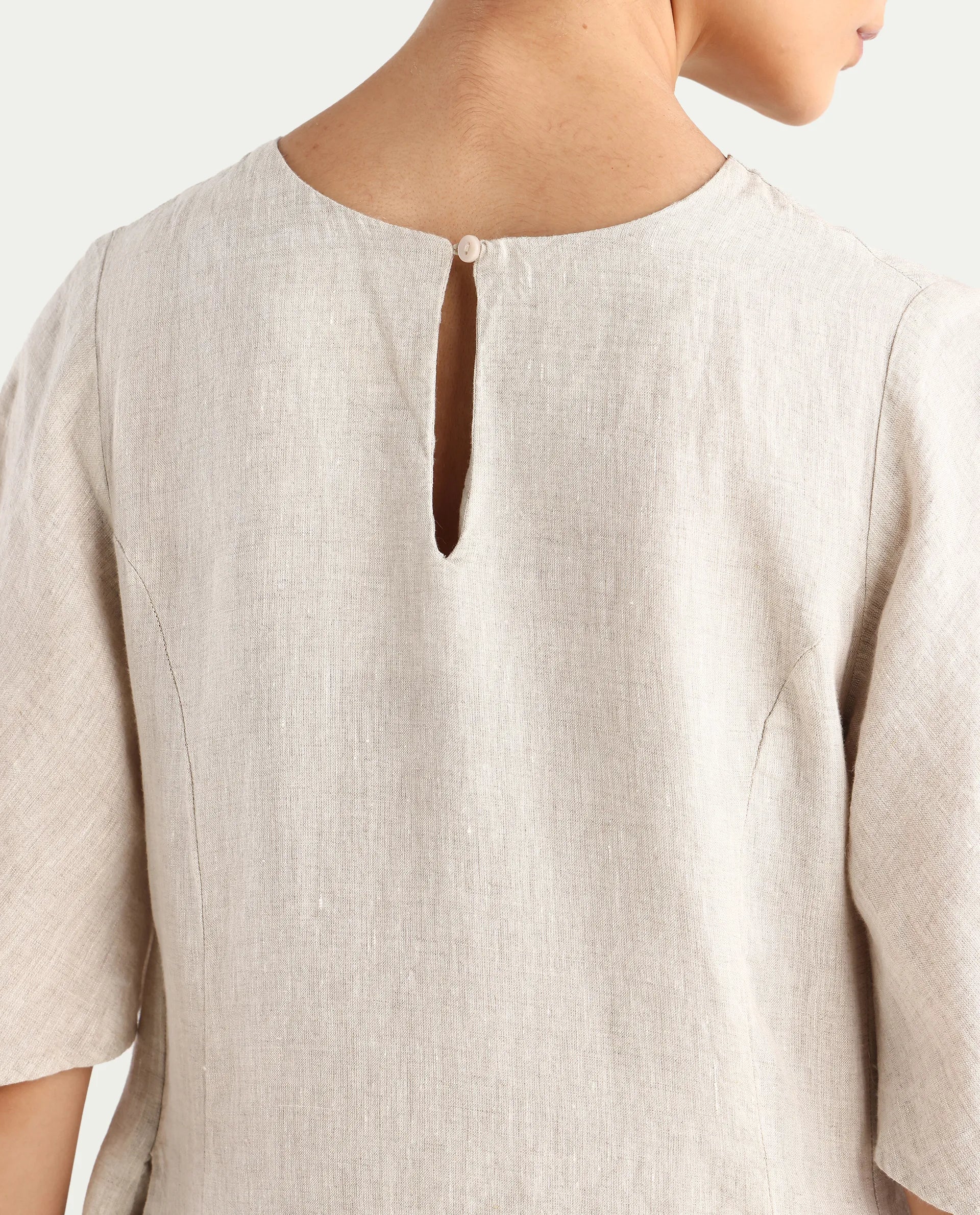 Rareism Women's Nensy Dark Beige 100% Linen Crew Neck Relaxed Fit Plain Dress - Image 6