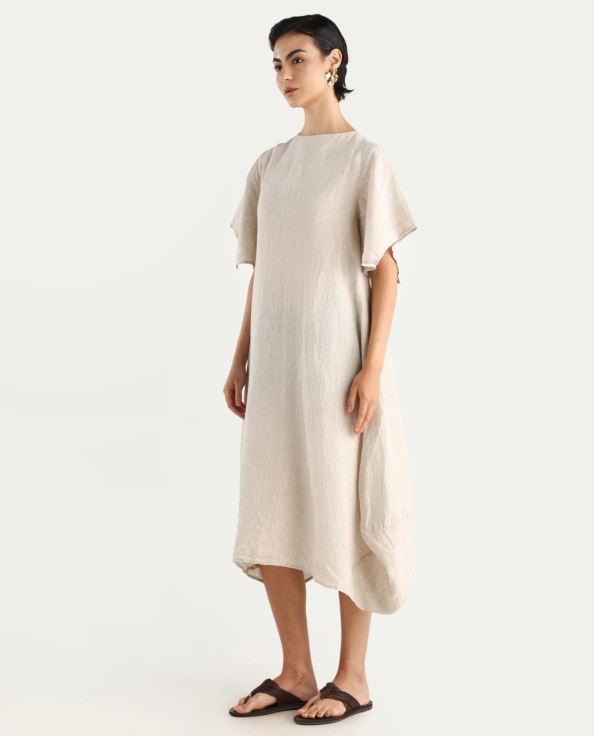 Rareism Women's Nensy Dark Beige 100% Linen Crew Neck Relaxed Fit Plain Dress - Image 7