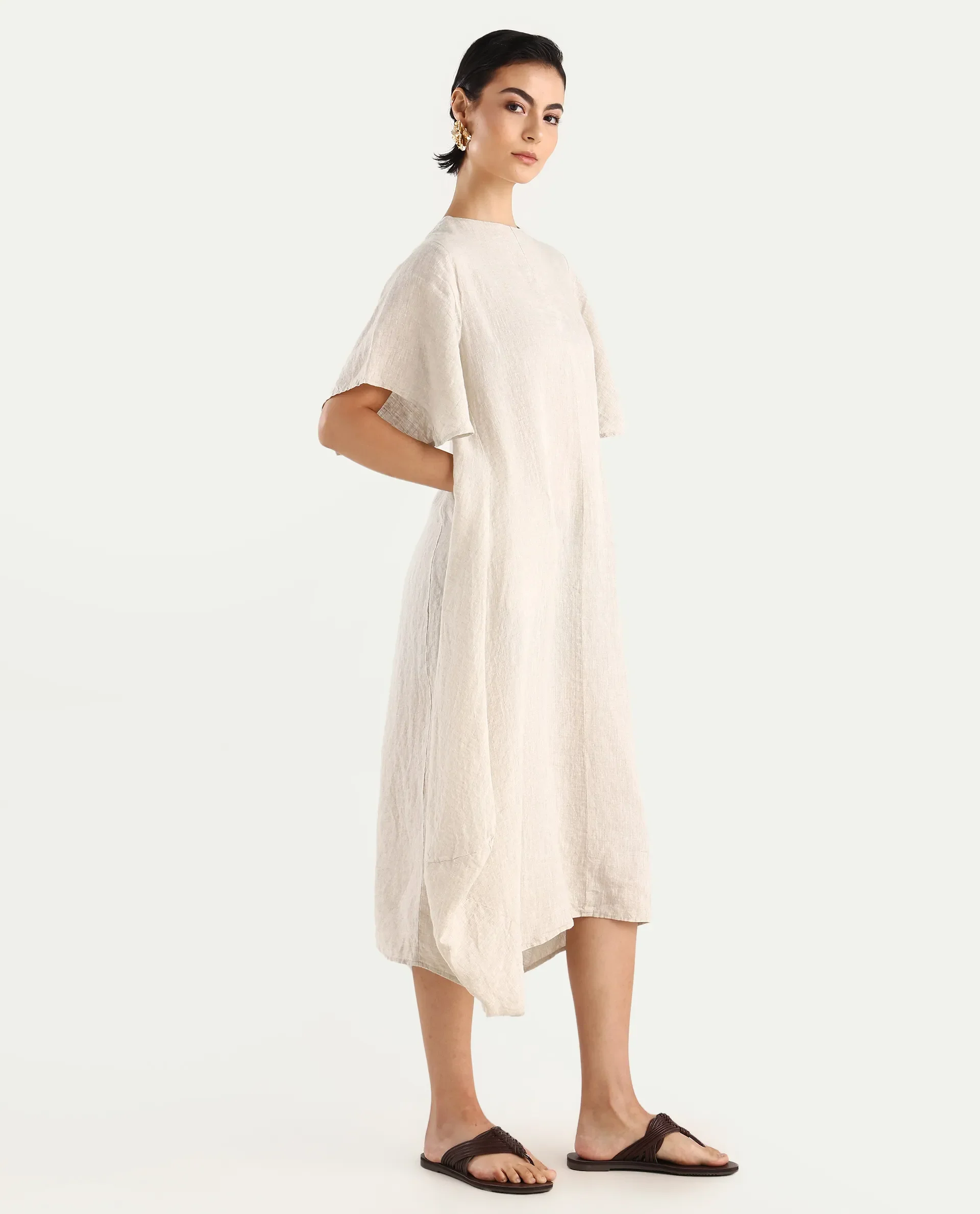 Rareism Women's Nensy Dark Beige 100% Linen Crew Neck Relaxed Fit Plain Dress - Image 8