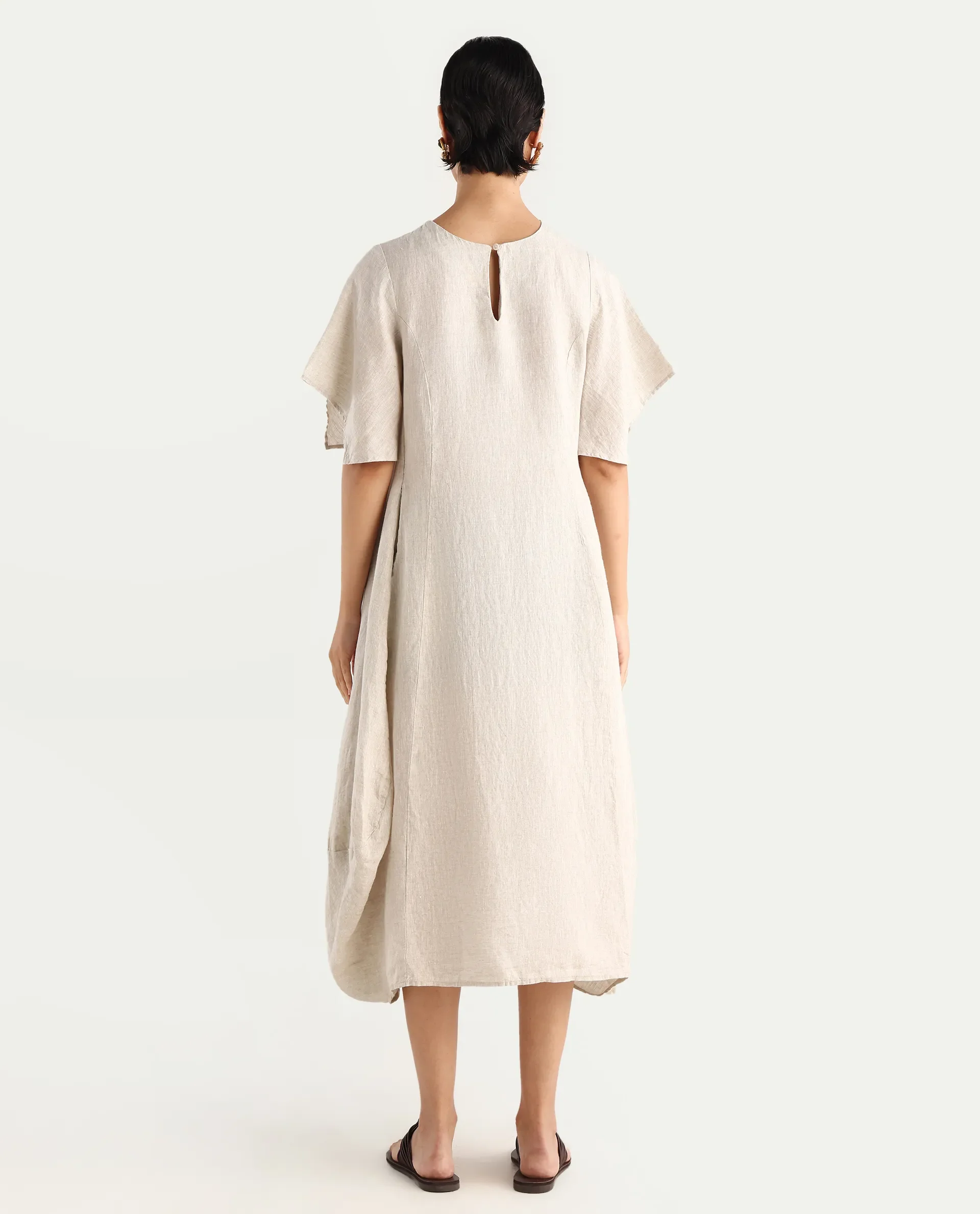 Rareism Women's Nensy Dark Beige 100% Linen Crew Neck Relaxed Fit Plain Dress - Image 9