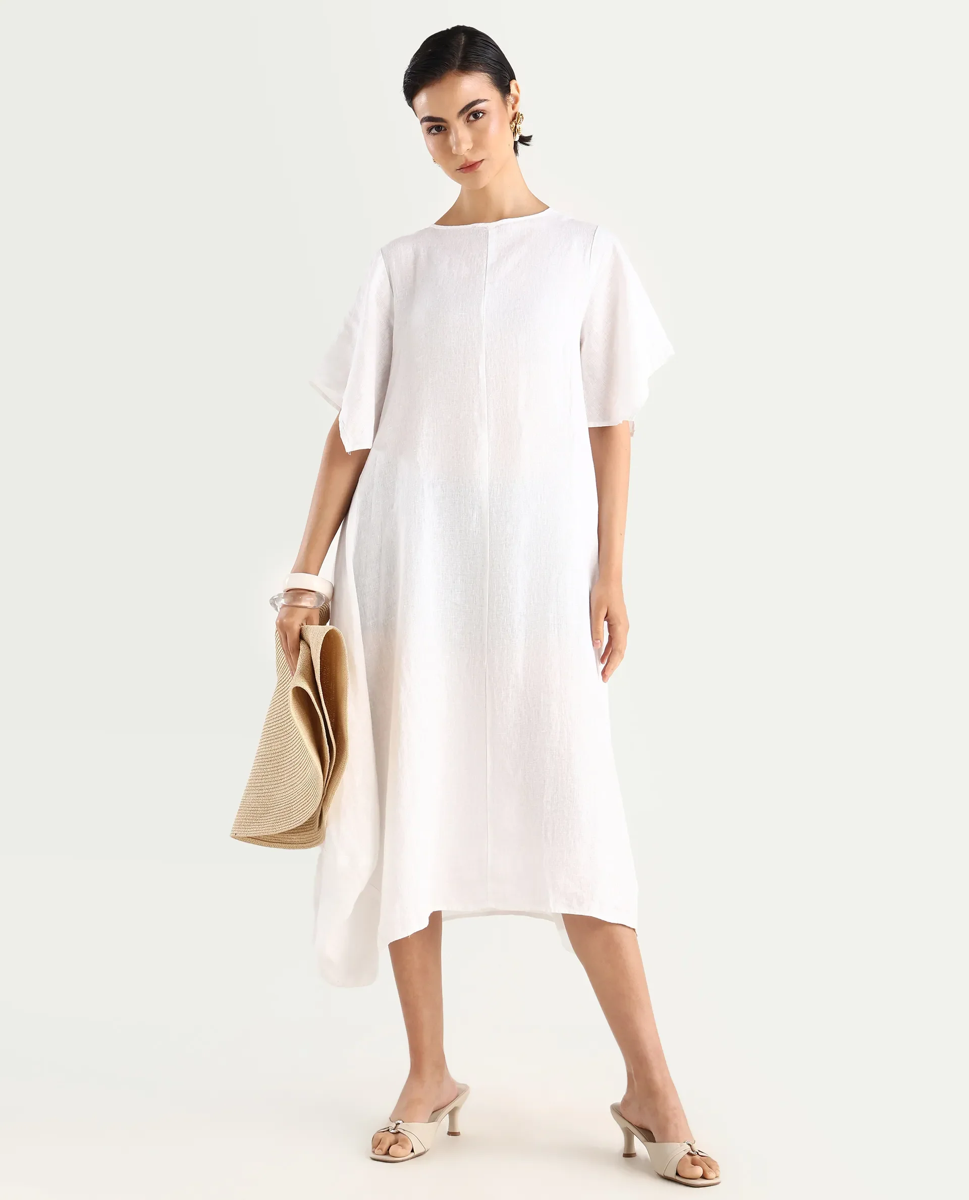 Rareism Women's Nensy White 100% Linen Crew Neck Relaxed Fit Plain Dress - Image 2