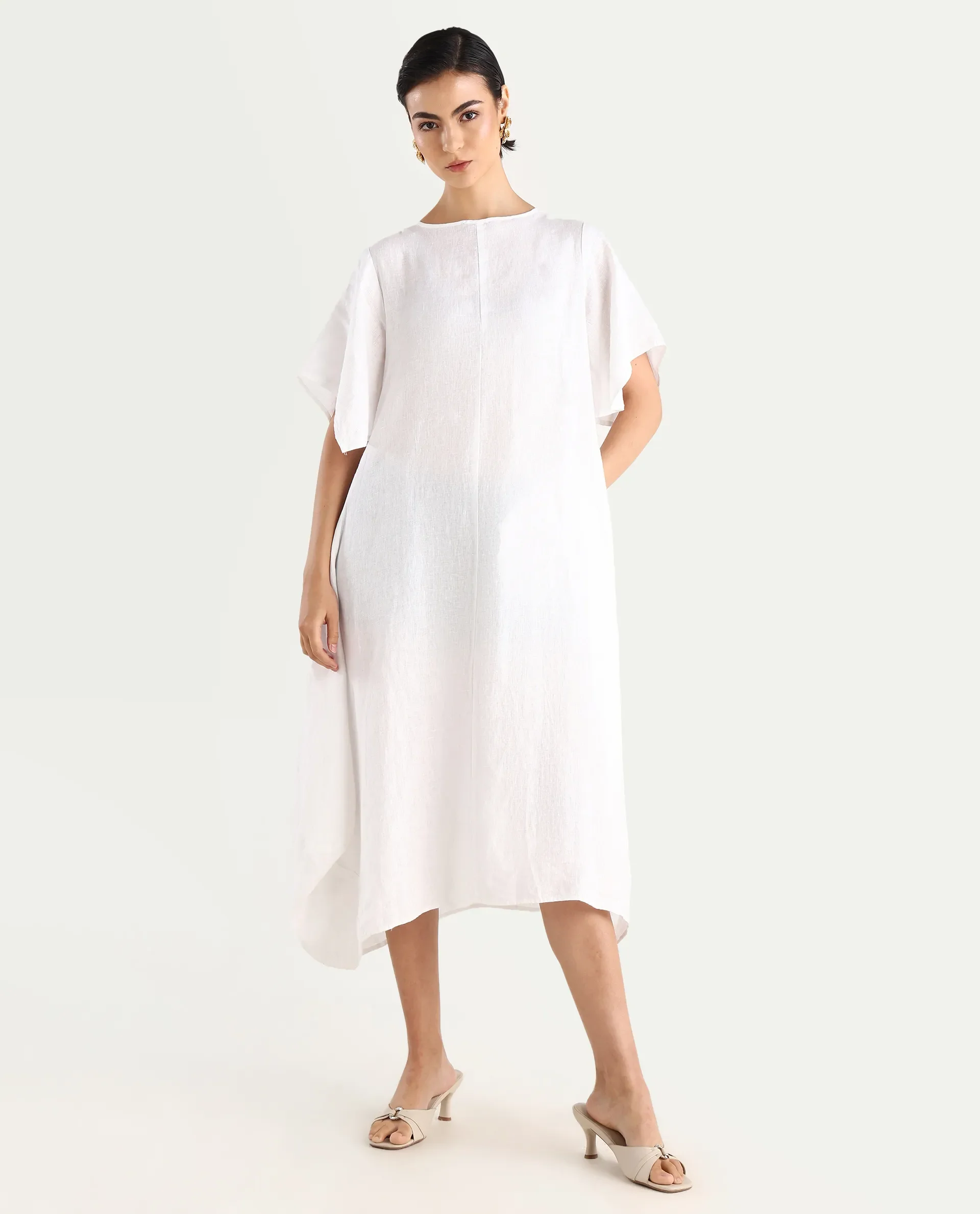 Rareism Women's Nensy White 100% Linen Crew Neck Relaxed Fit Plain Dress - Image 3