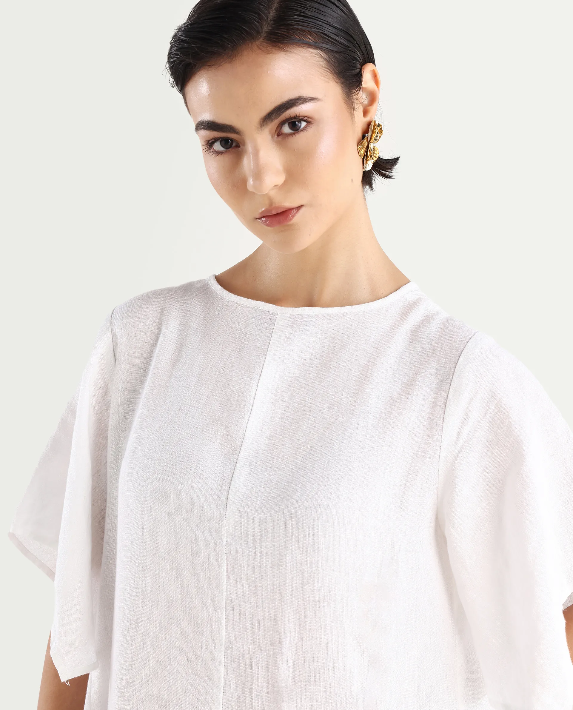 Rareism Women's Nensy White 100% Linen Crew Neck Relaxed Fit Plain Dress - Image 4
