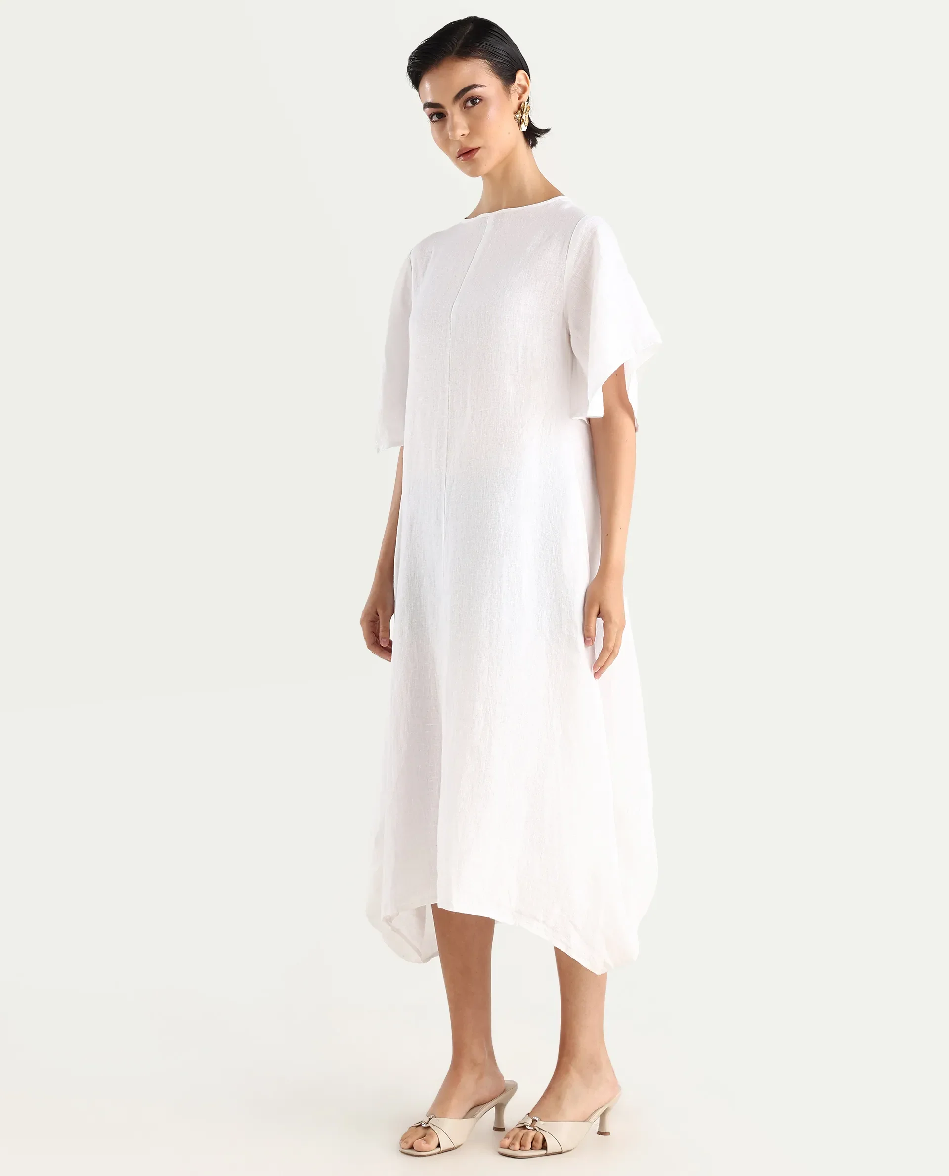 Rareism Women's Nensy White 100% Linen Crew Neck Relaxed Fit Plain Dress - Image 6