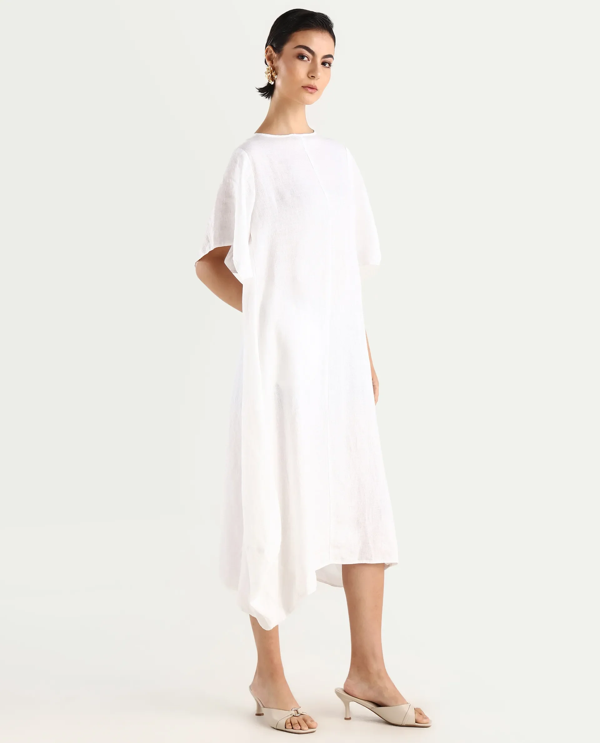 Rareism Women's Nensy White 100% Linen Crew Neck Relaxed Fit Plain Dress - Image 7
