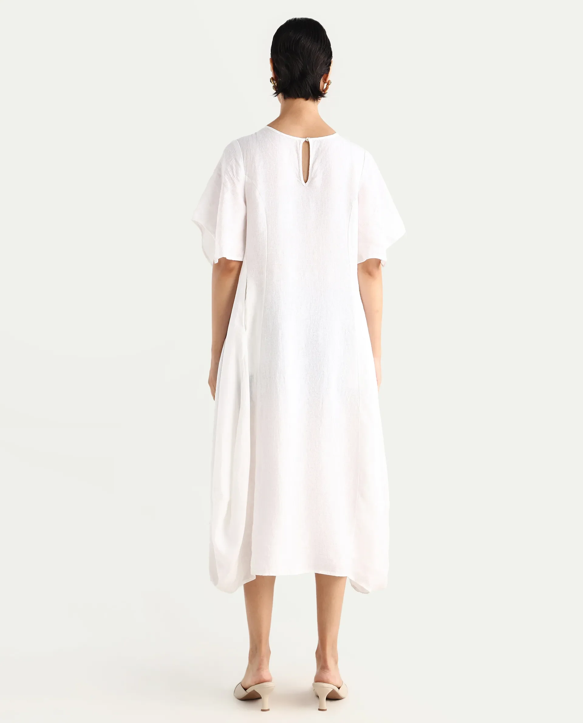 Rareism Women's Nensy White 100% Linen Crew Neck Relaxed Fit Plain Dress - Image 8