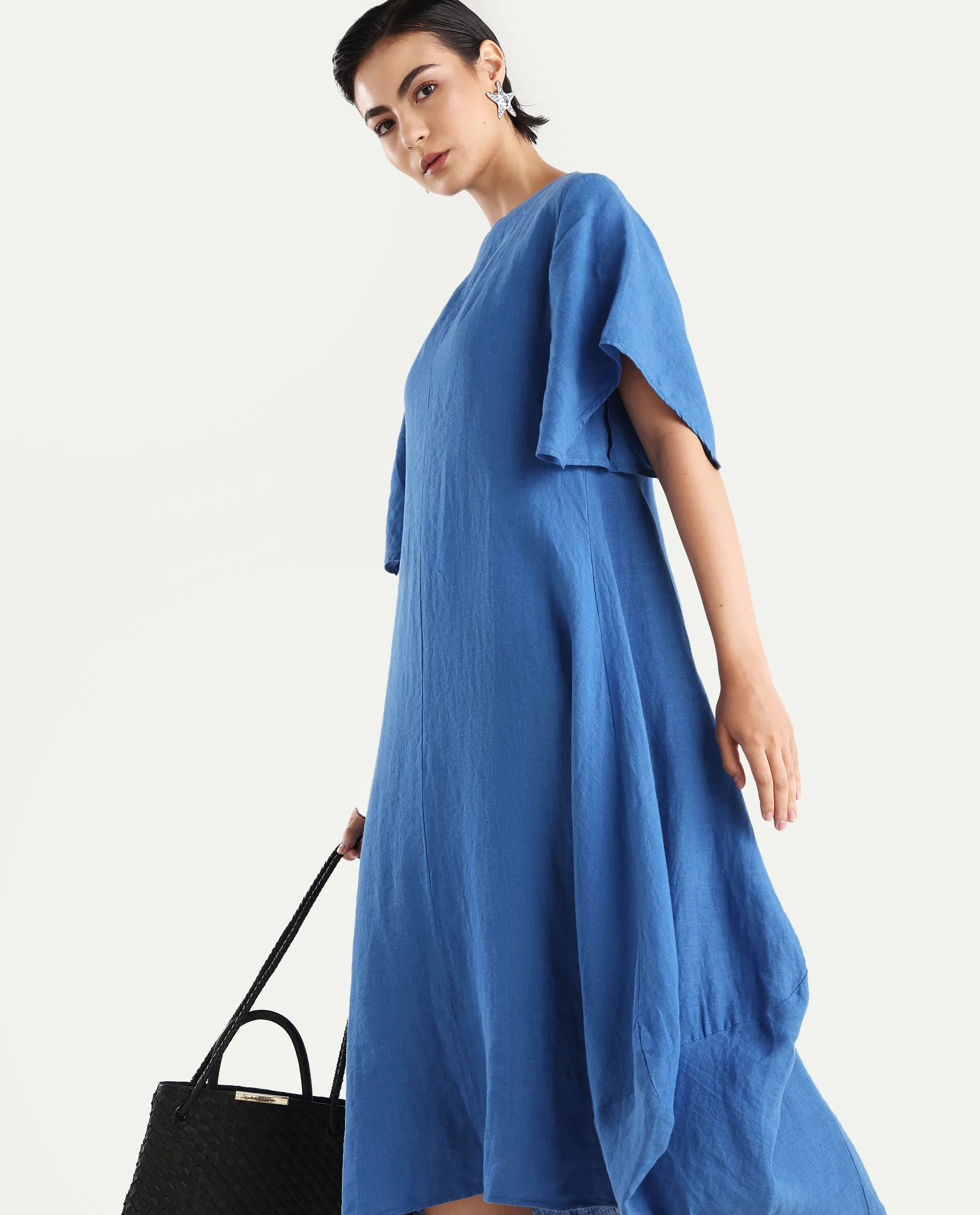 Rareism Women's Nensyt Blue 100% Linen Crew Neck Relaxed Fit Plain Dress
