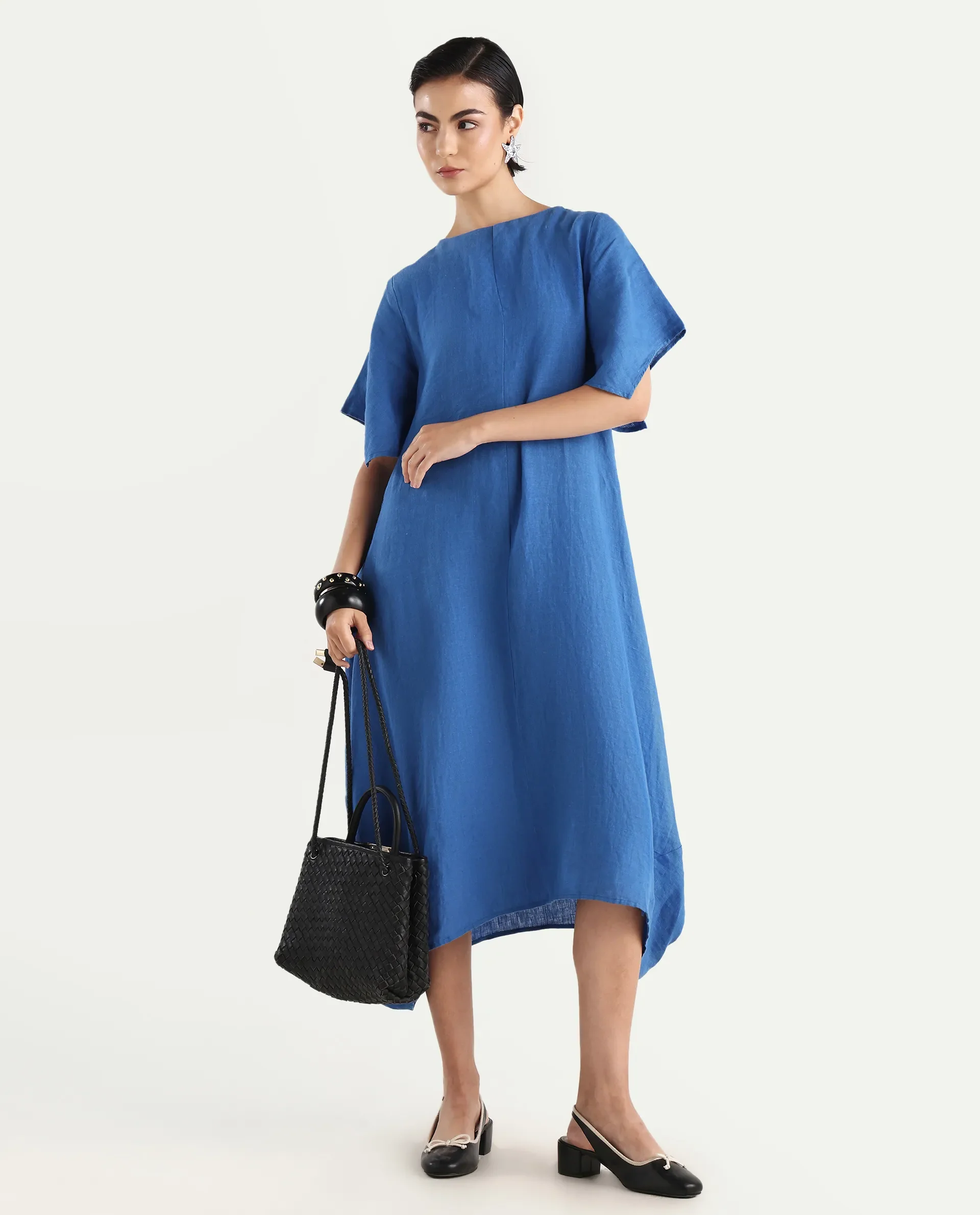 Rareism Women's Nensyt Blue 100% Linen Crew Neck Relaxed Fit Plain Dress - Image 2