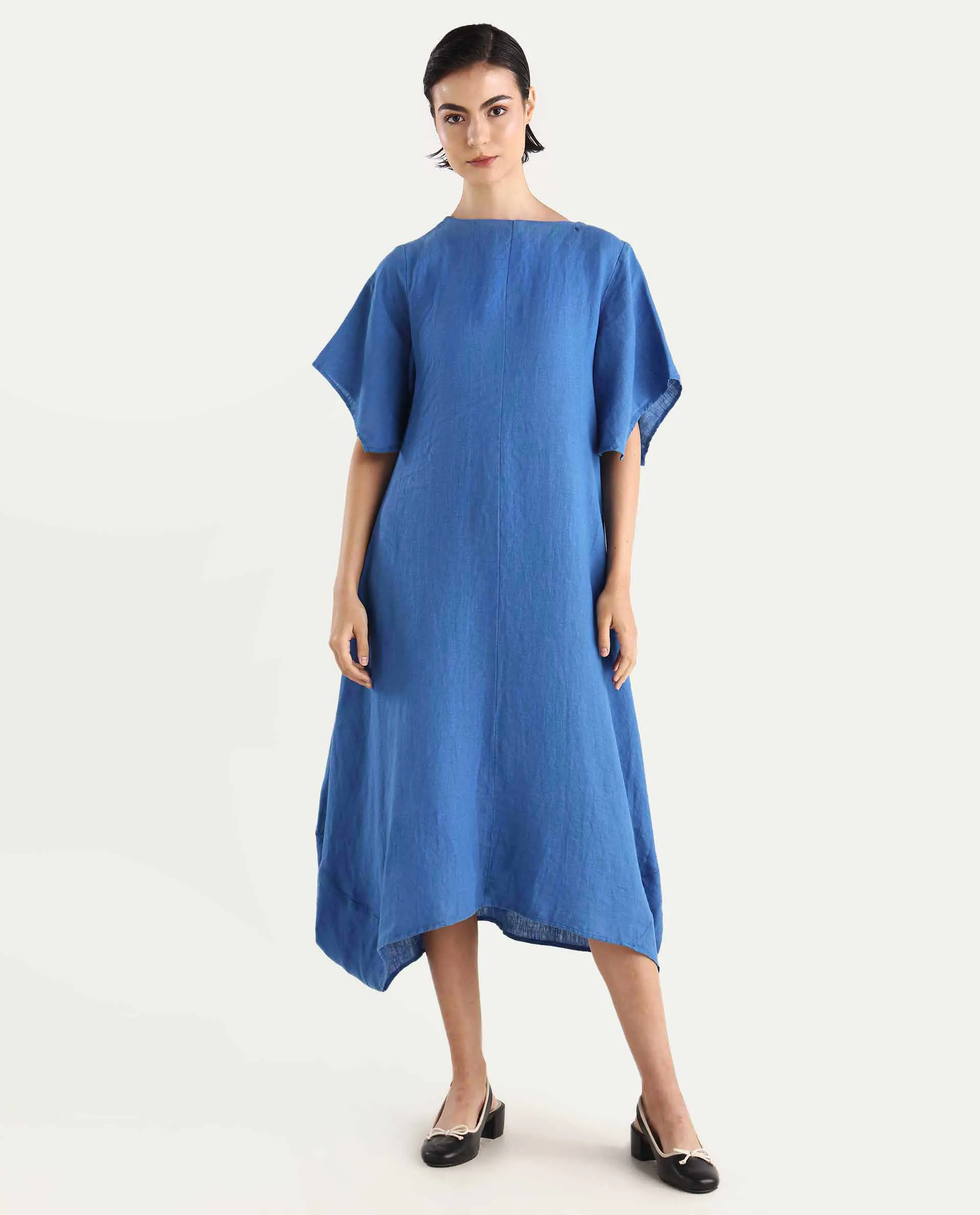 Rareism Women's Nensyt Blue 100% Linen Crew Neck Relaxed Fit Plain Dress - Image 3