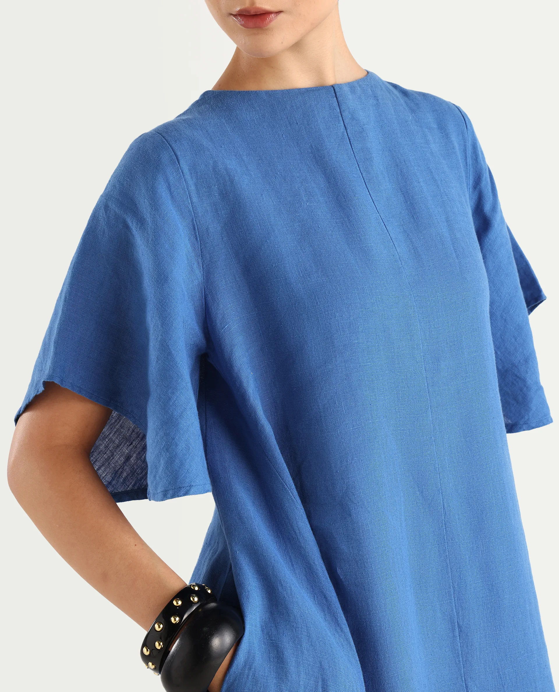 Rareism Women's Nensyt Blue 100% Linen Crew Neck Relaxed Fit Plain Dress - Image 4
