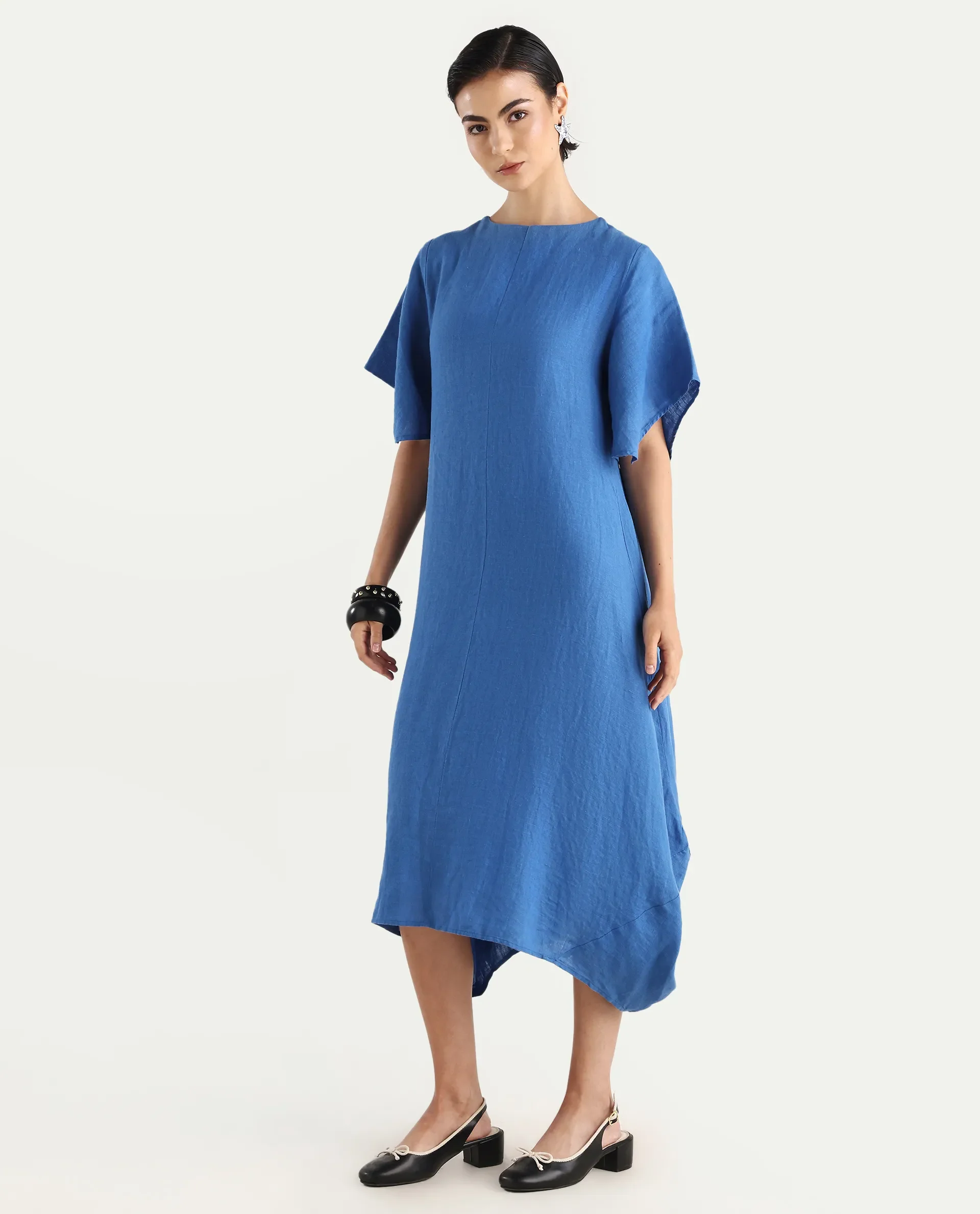 Rareism Women's Nensyt Blue 100% Linen Crew Neck Relaxed Fit Plain Dress - Image 5