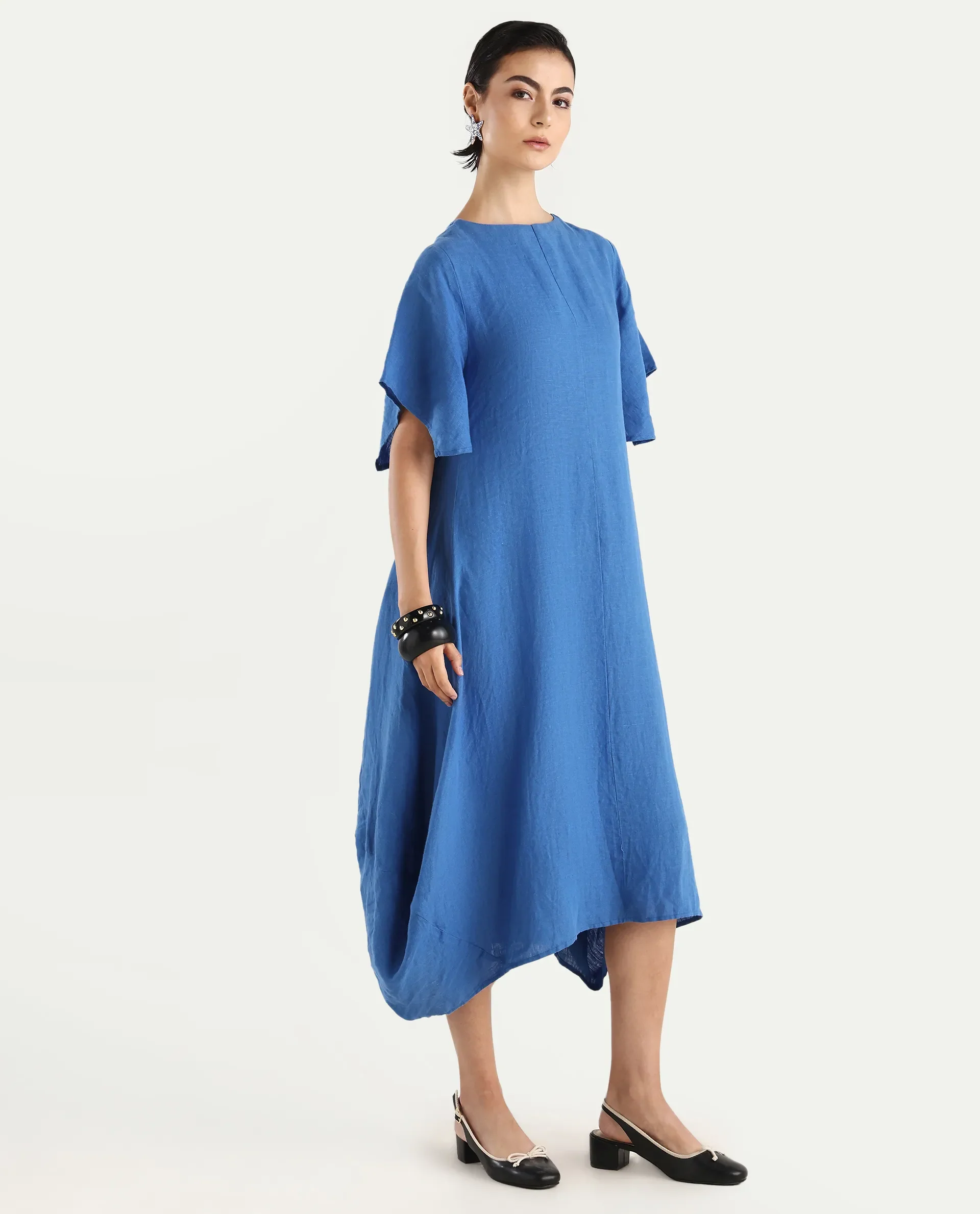 Rareism Women's Nensyt Blue 100% Linen Crew Neck Relaxed Fit Plain Dress - Image 6