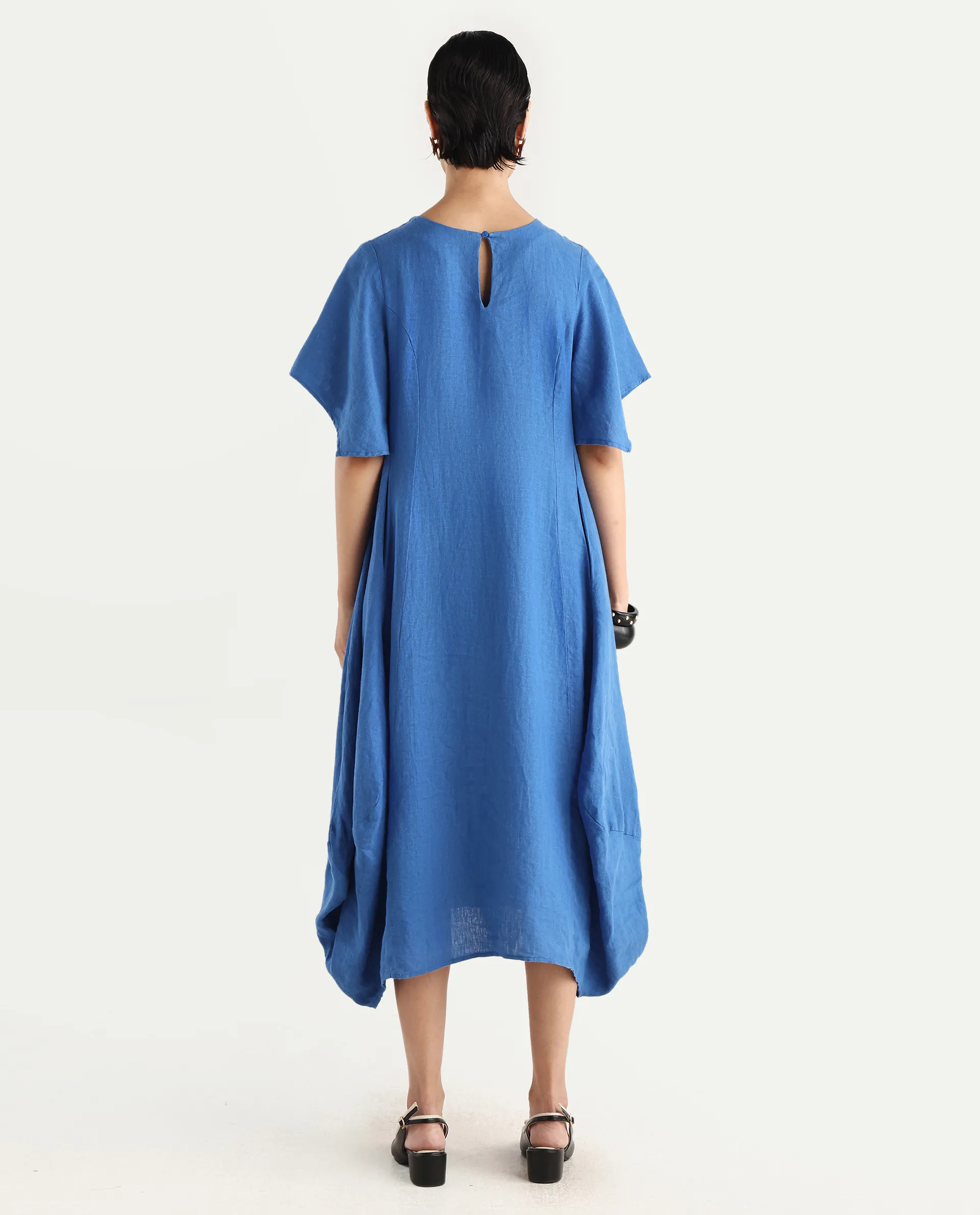 Rareism Women's Nensyt Blue 100% Linen Crew Neck Relaxed Fit Plain Dress - Image 7