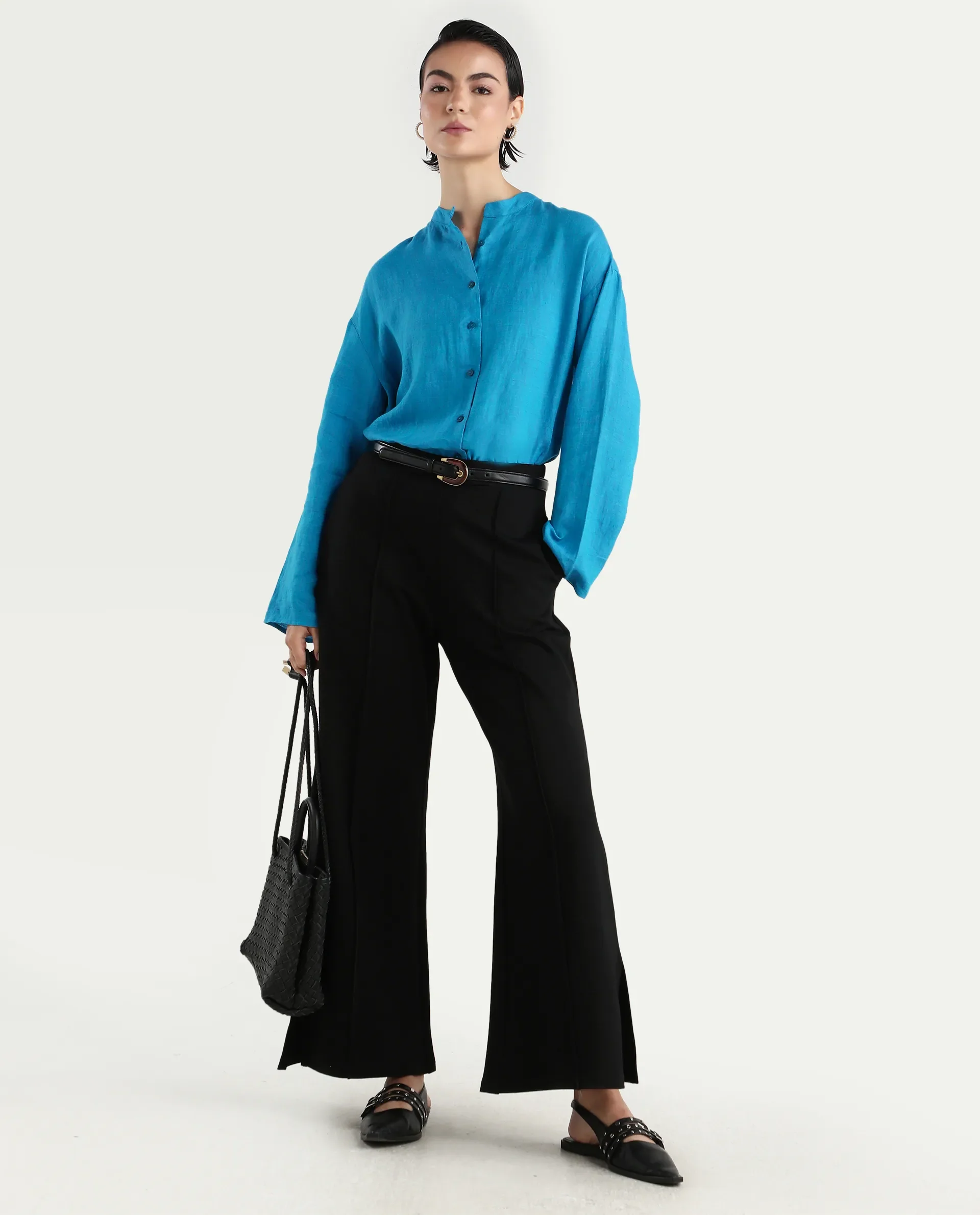 Rareism Women's Nent Blue 100% Linen Mandarin Collar Regular Fit Top - Image 2