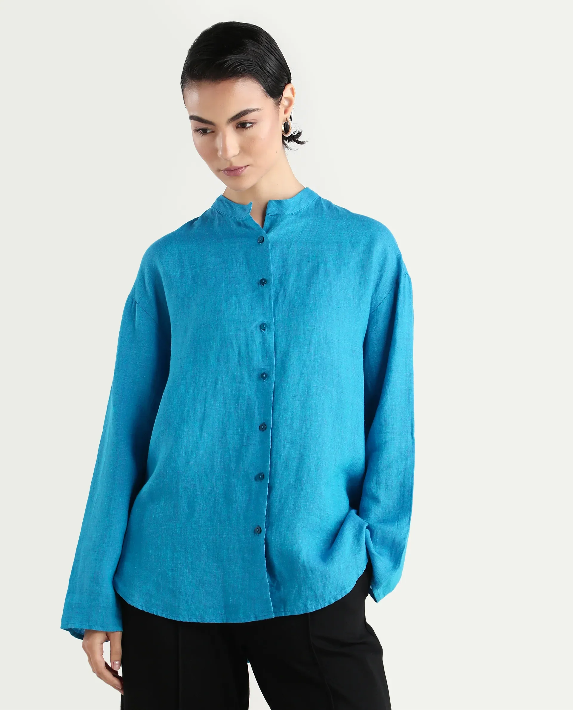 Rareism Women's Nent Blue 100% Linen Mandarin Collar Regular Fit Top - Image 3