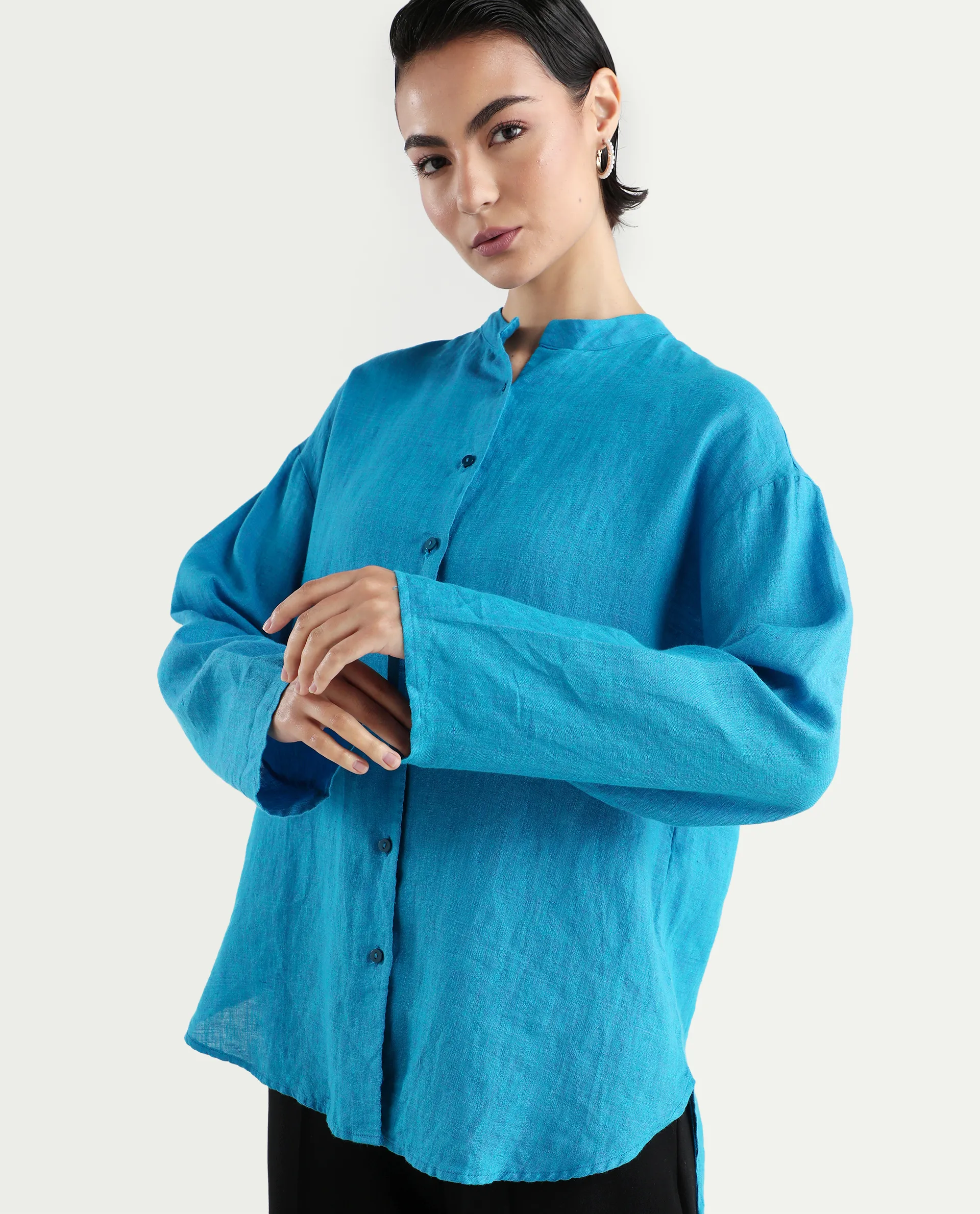 Rareism Women's Nent Blue 100% Linen Mandarin Collar Regular Fit Top - Image 4
