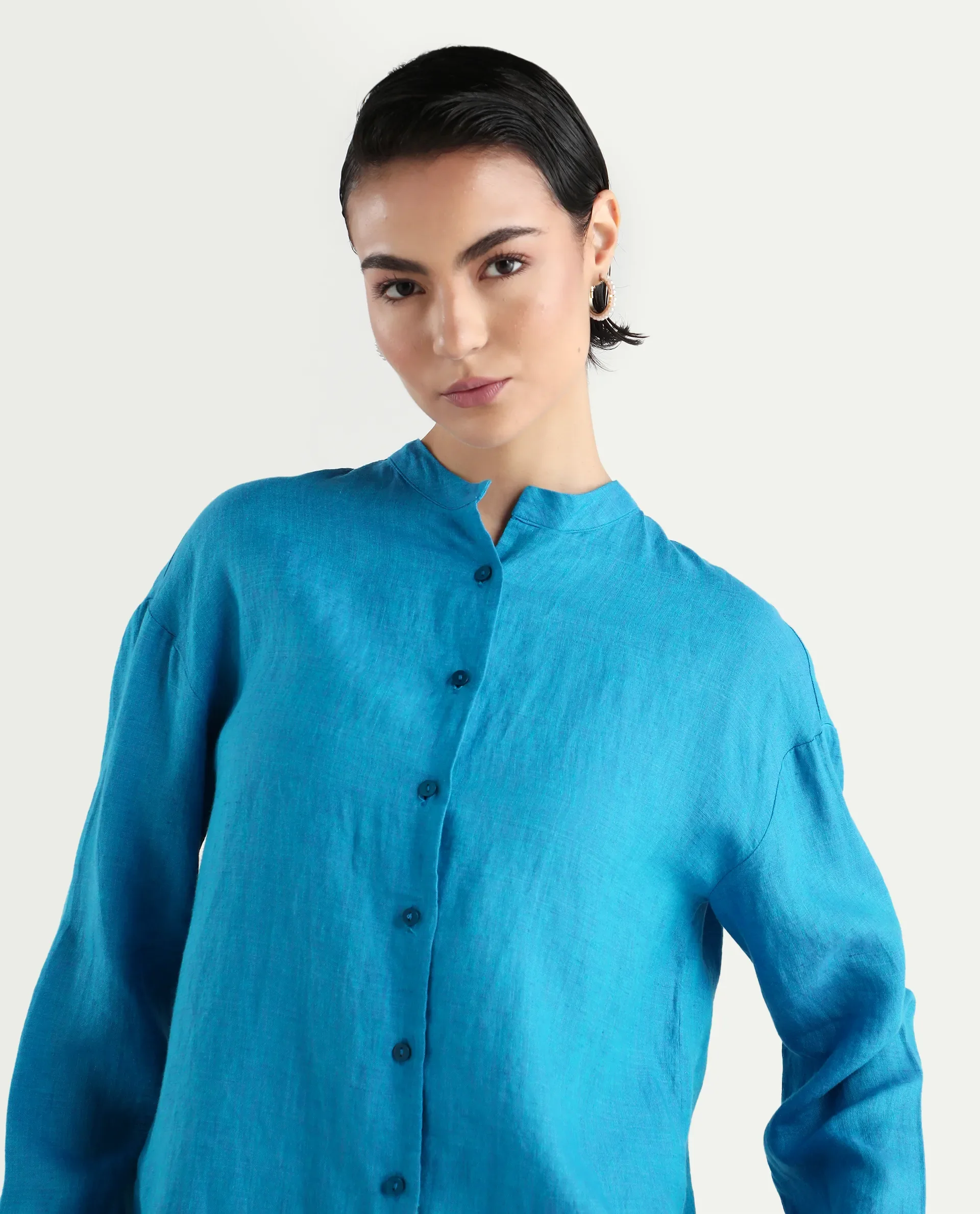 Rareism Women's Nent Blue 100% Linen Mandarin Collar Regular Fit Top - Image 5