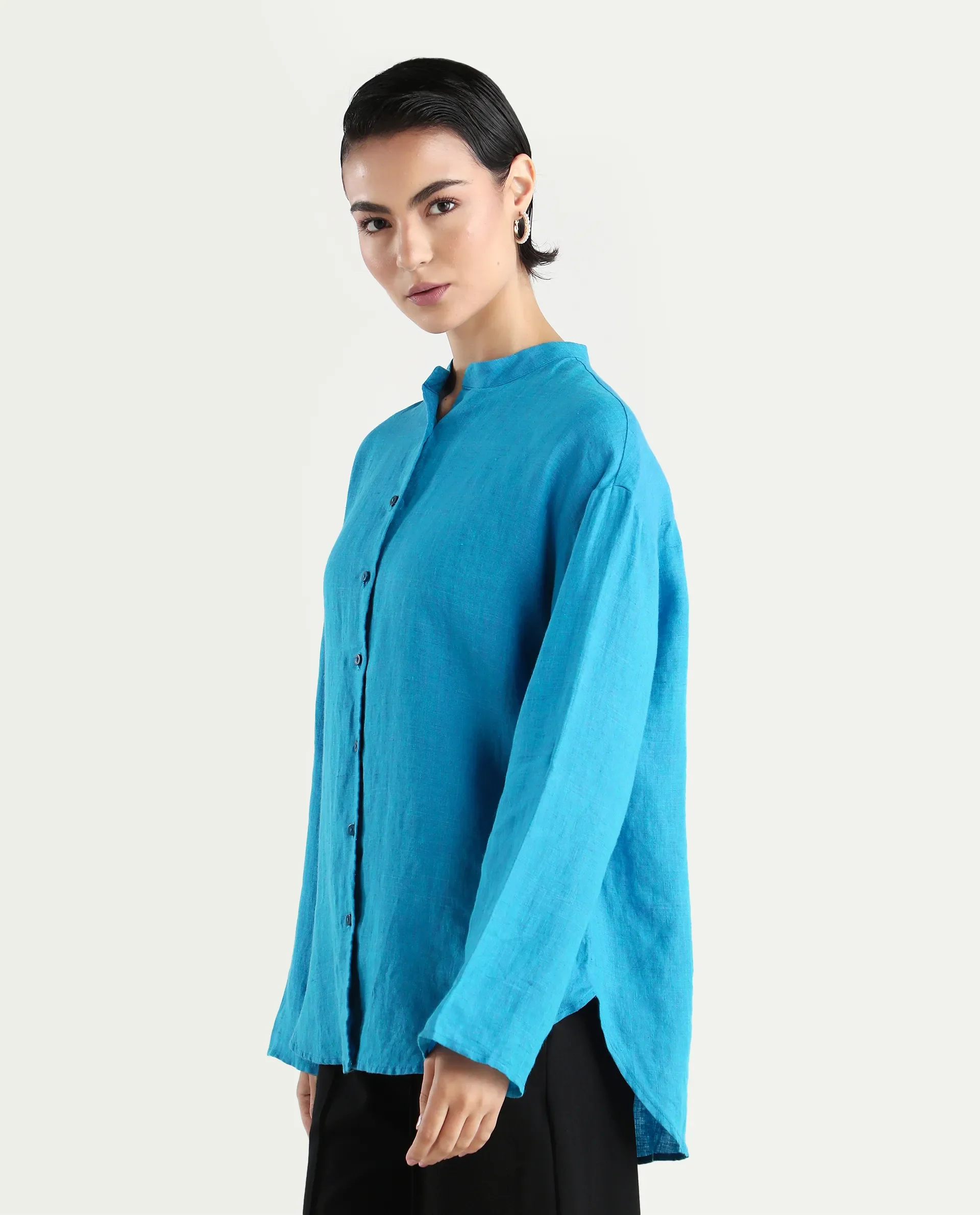 Rareism Women's Nent Blue 100% Linen Mandarin Collar Regular Fit Top - Image 6