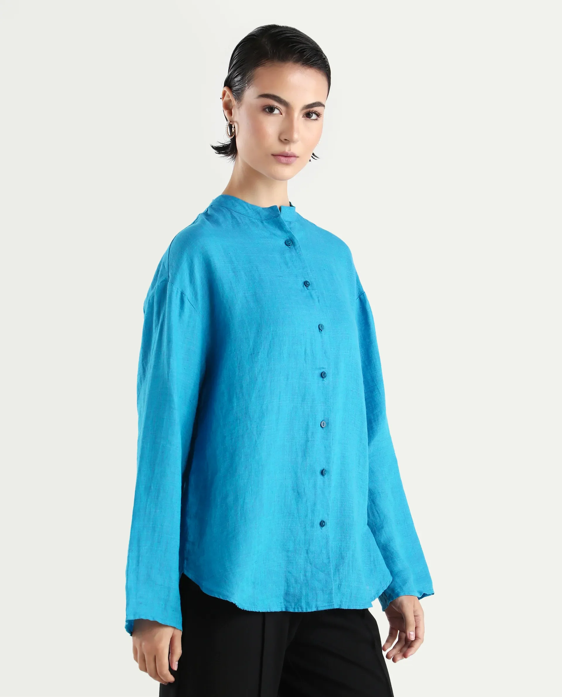 Rareism Women's Nent Blue 100% Linen Mandarin Collar Regular Fit Top - Image 7
