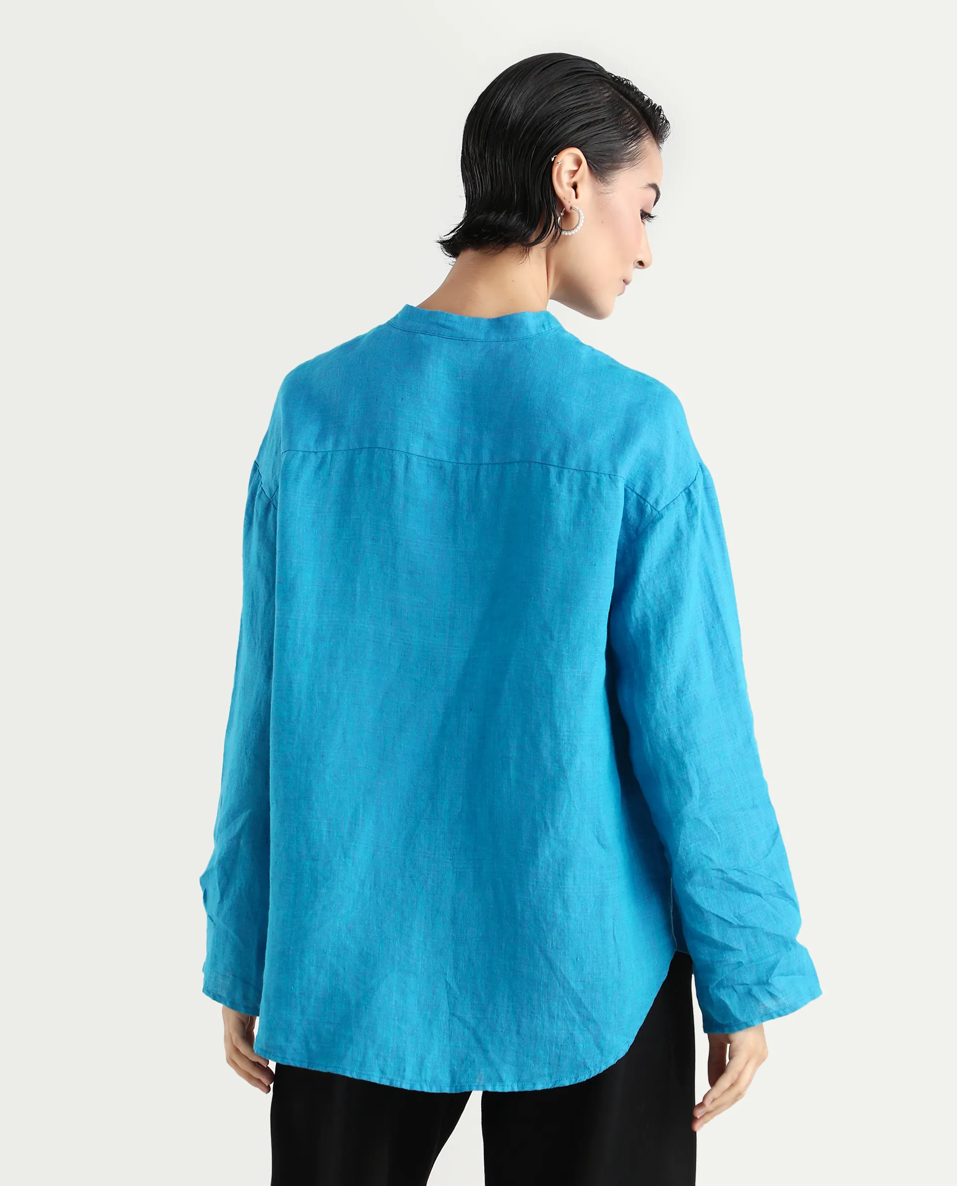 Rareism Women's Nent Blue 100% Linen Mandarin Collar Regular Fit Top - Image 8