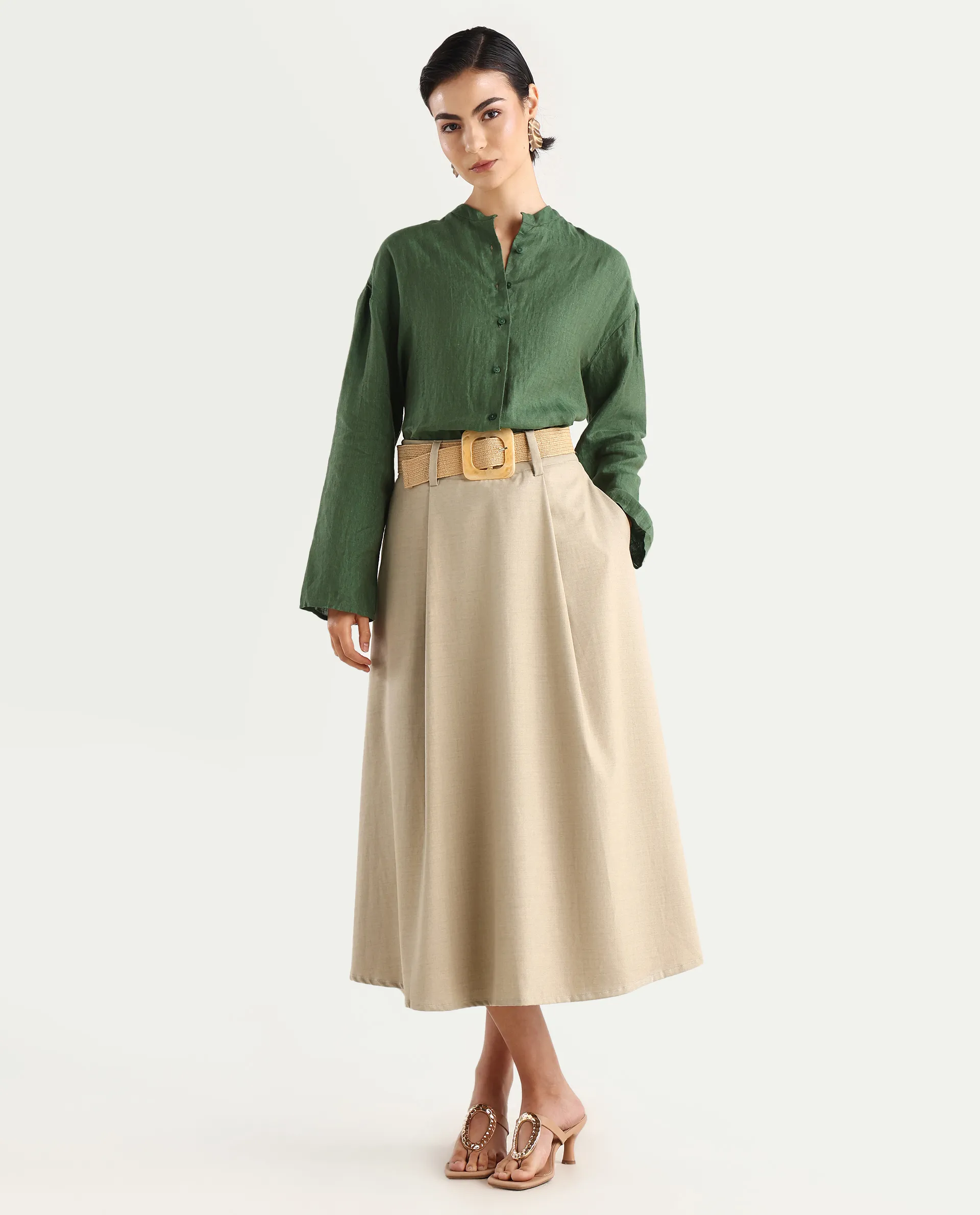 Rareism Women's Nent Dusky Green 100% Linen Mandarin Collar Regular Fit Top - Image 2