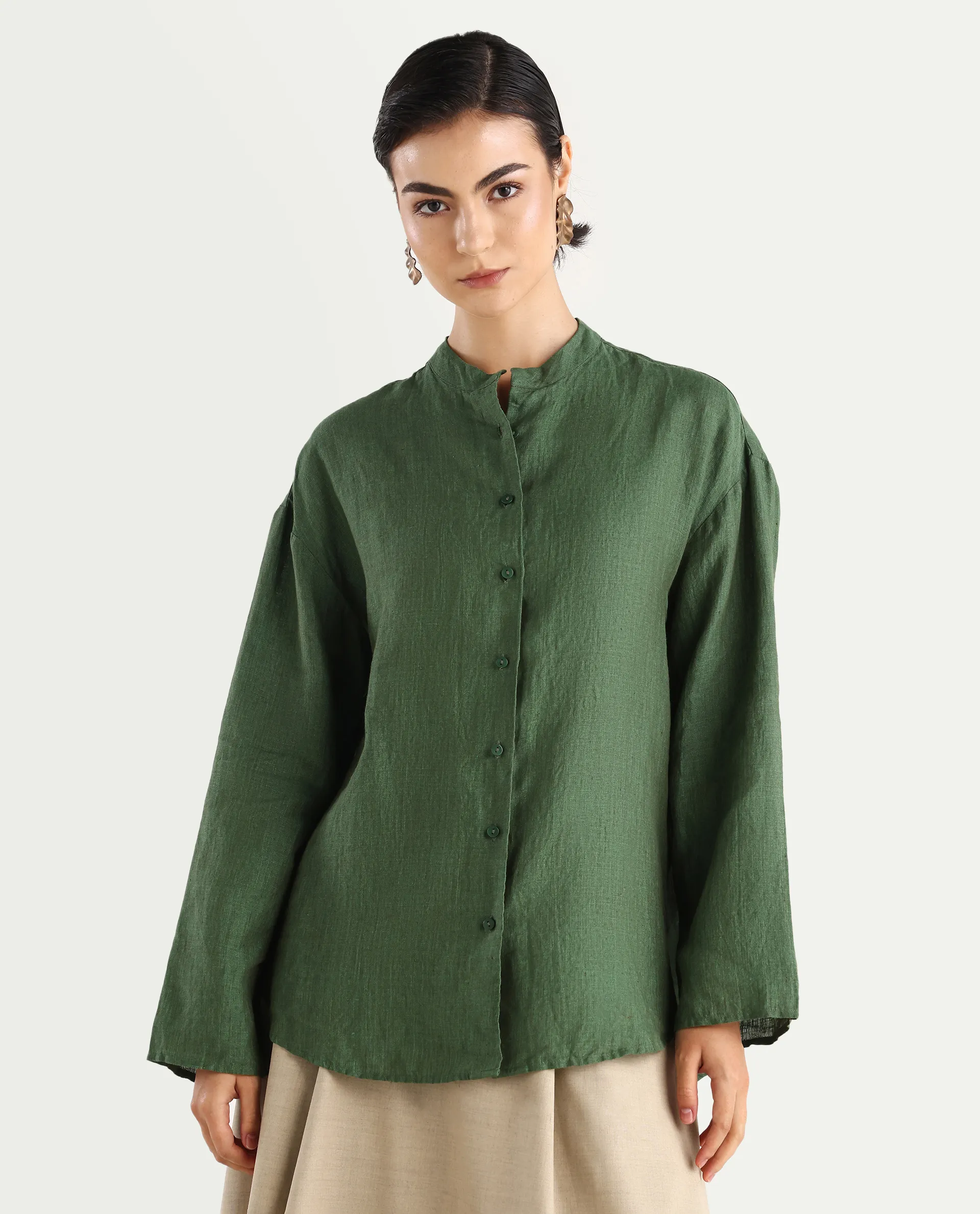 Rareism Women's Nent Dusky Green 100% Linen Mandarin Collar Regular Fit Top - Image 3