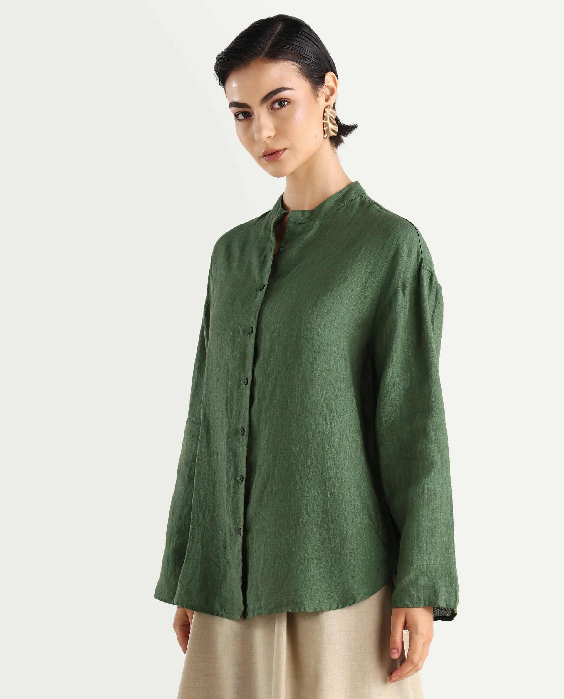 Rareism Women's Nent Dusky Green 100% Linen Mandarin Collar Regular Fit Top - Image 5